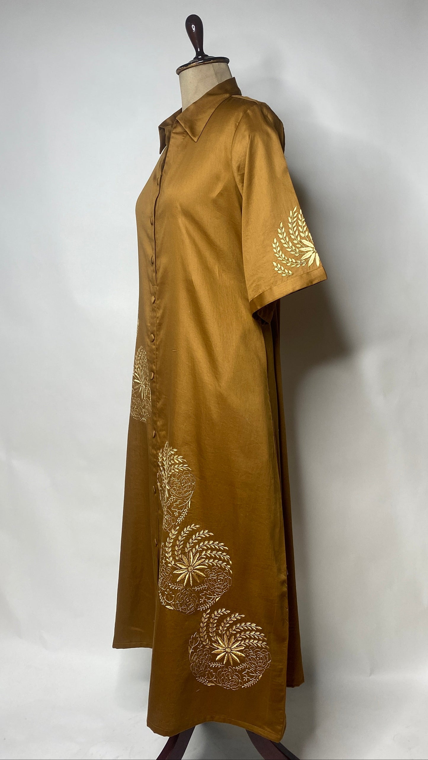 Golden Brown Cotton Chikankari Long Shirt Dress