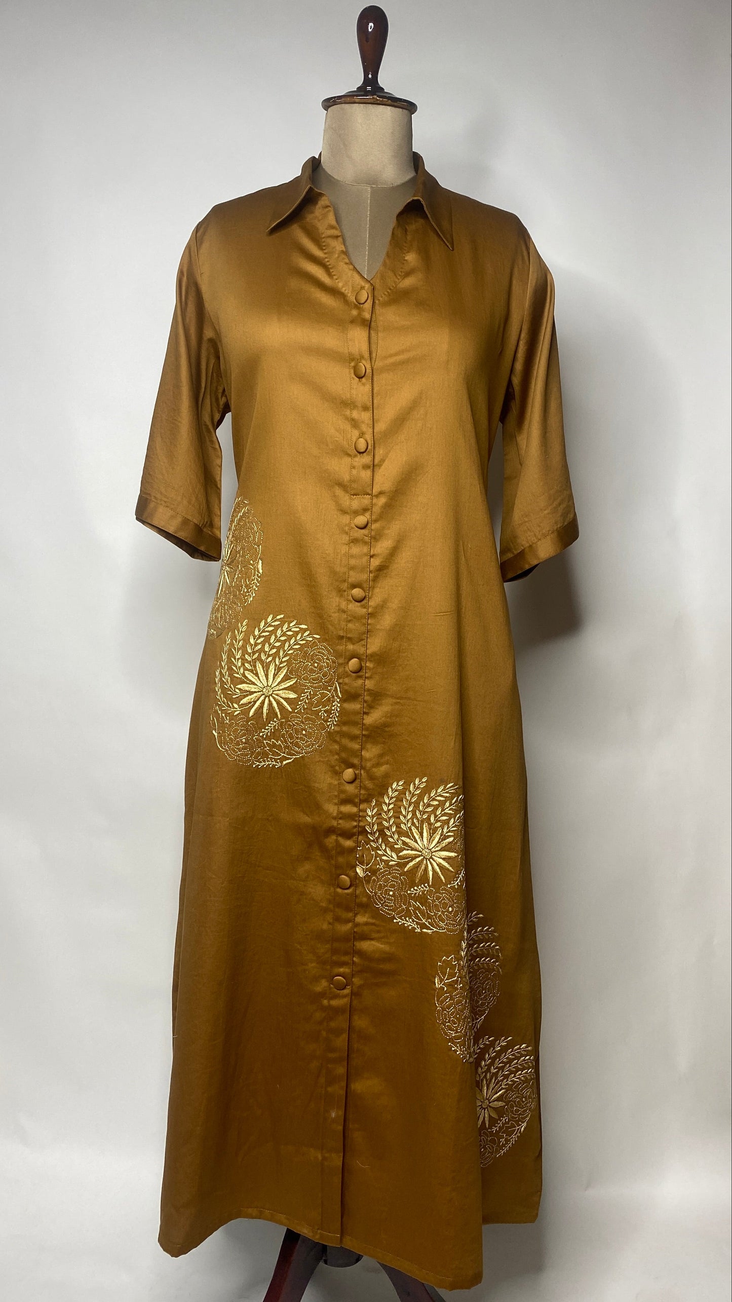 Golden Brown Cotton Chikankari Long Shirt Dress