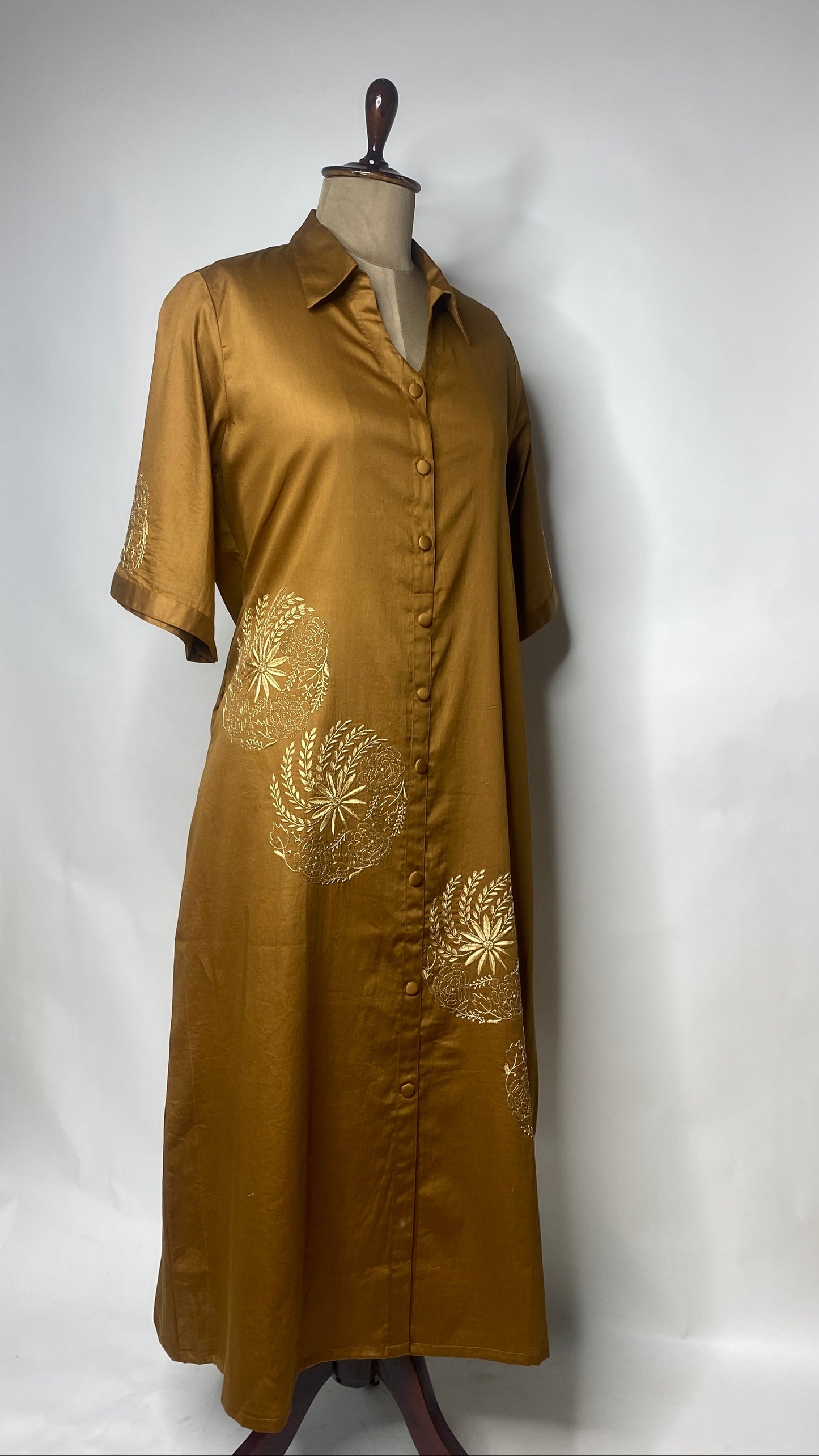 Golden Brown Cotton Chikankari Long Shirt Dress