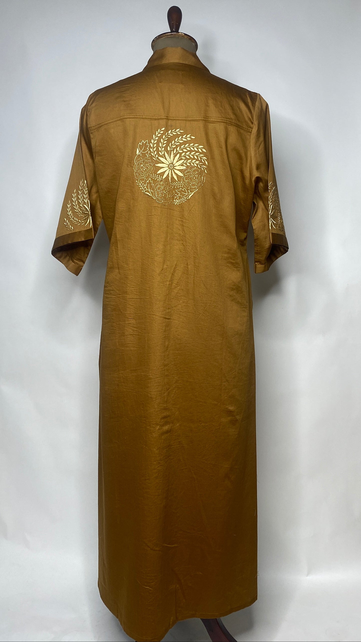 Golden Brown Cotton Chikankari Long Shirt Dress