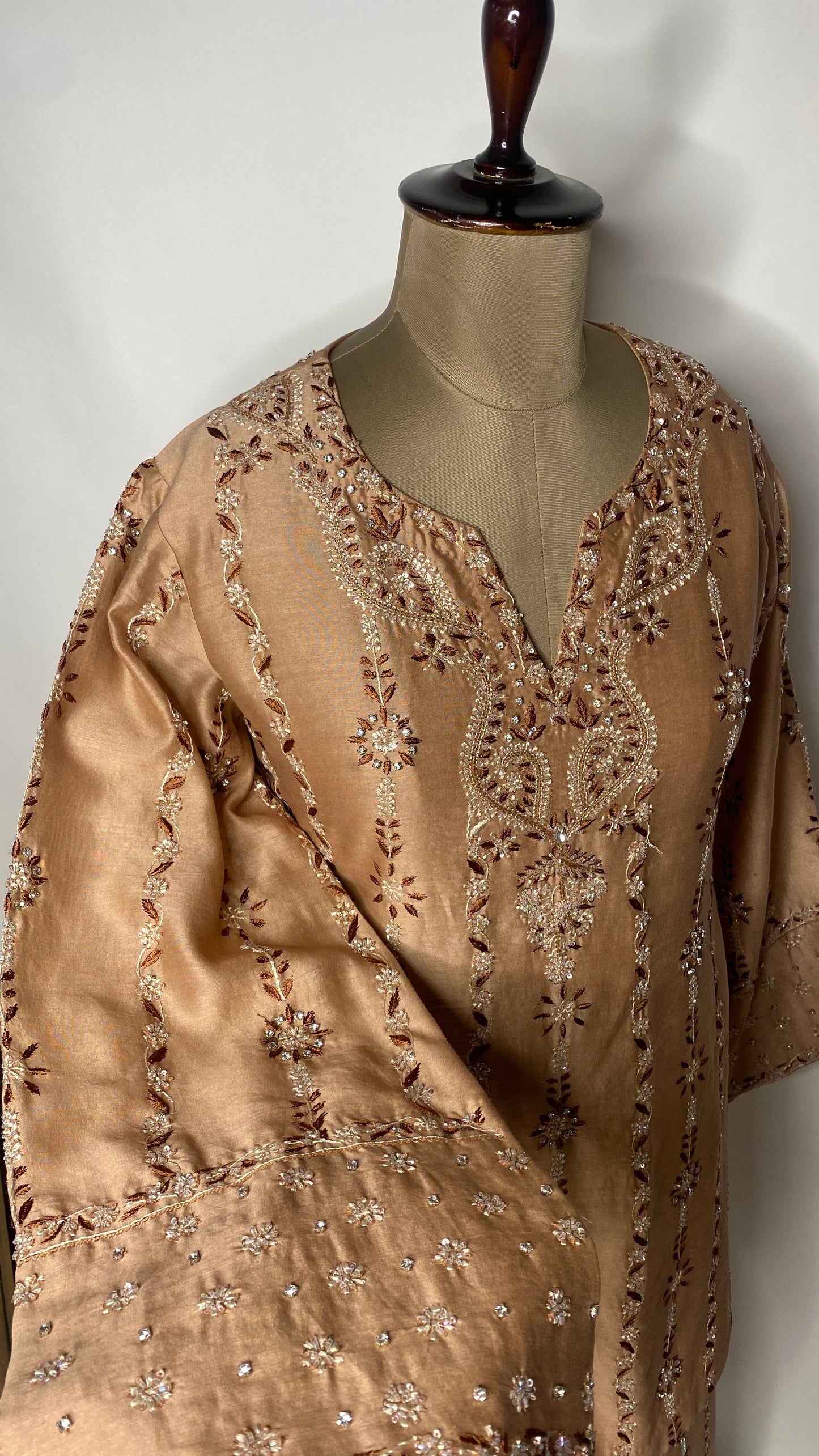 Light Brown Chanderi Chikankari & Stonework Kurta Set