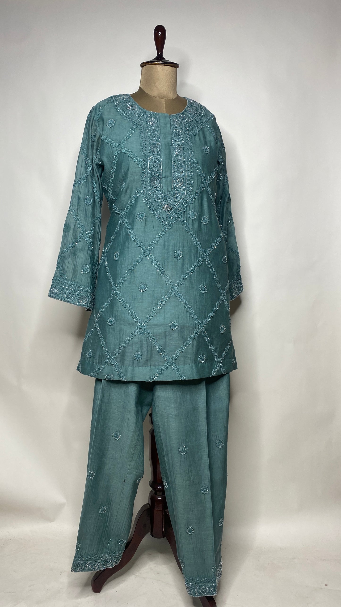 Teal Blue Chikankari Festive Co-ord Set