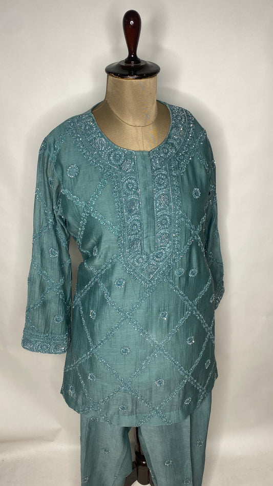 Teal Blue Chikankari Festive Co-ord Set