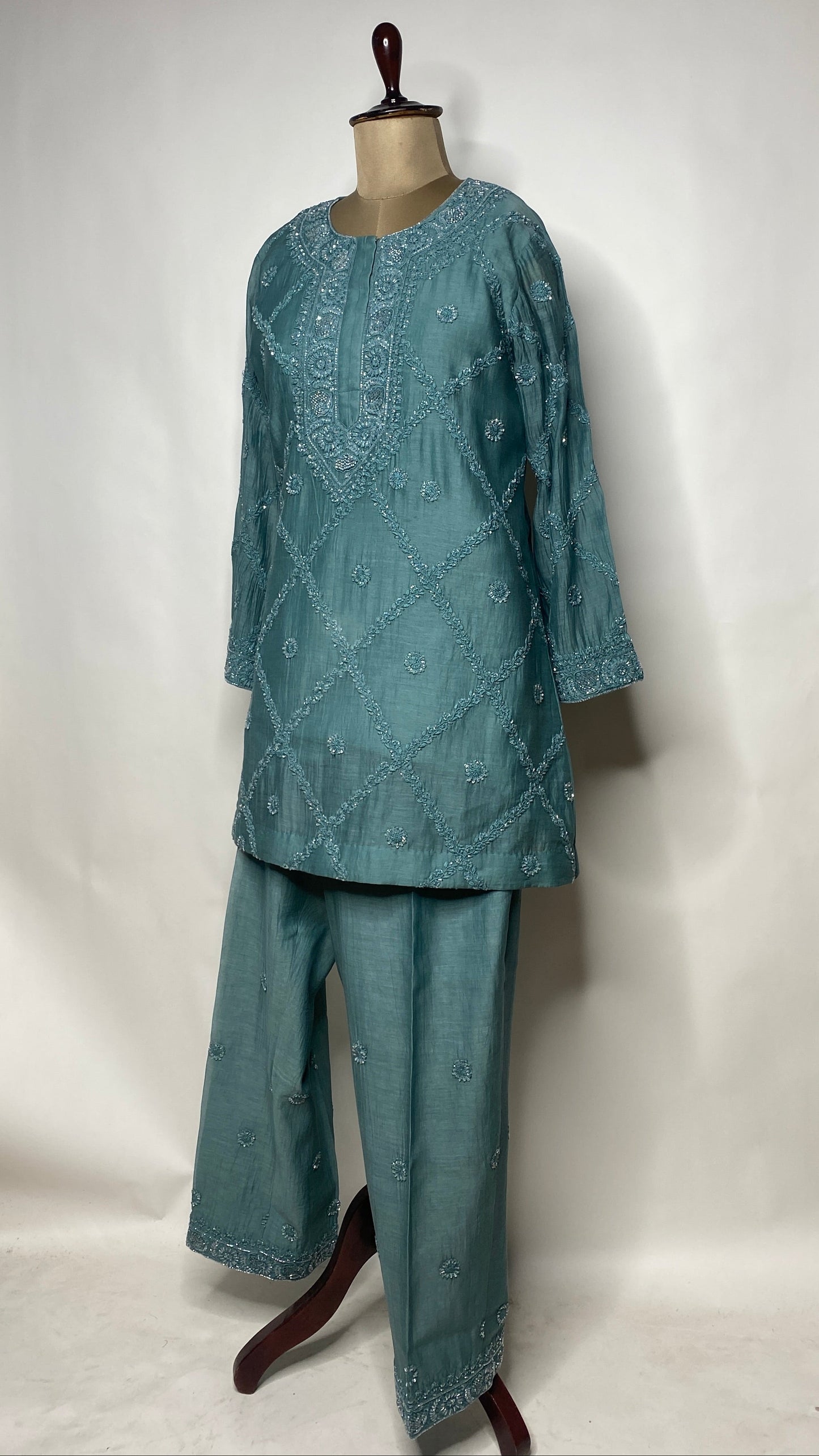 Teal Blue Chikankari Festive Co-ord Set