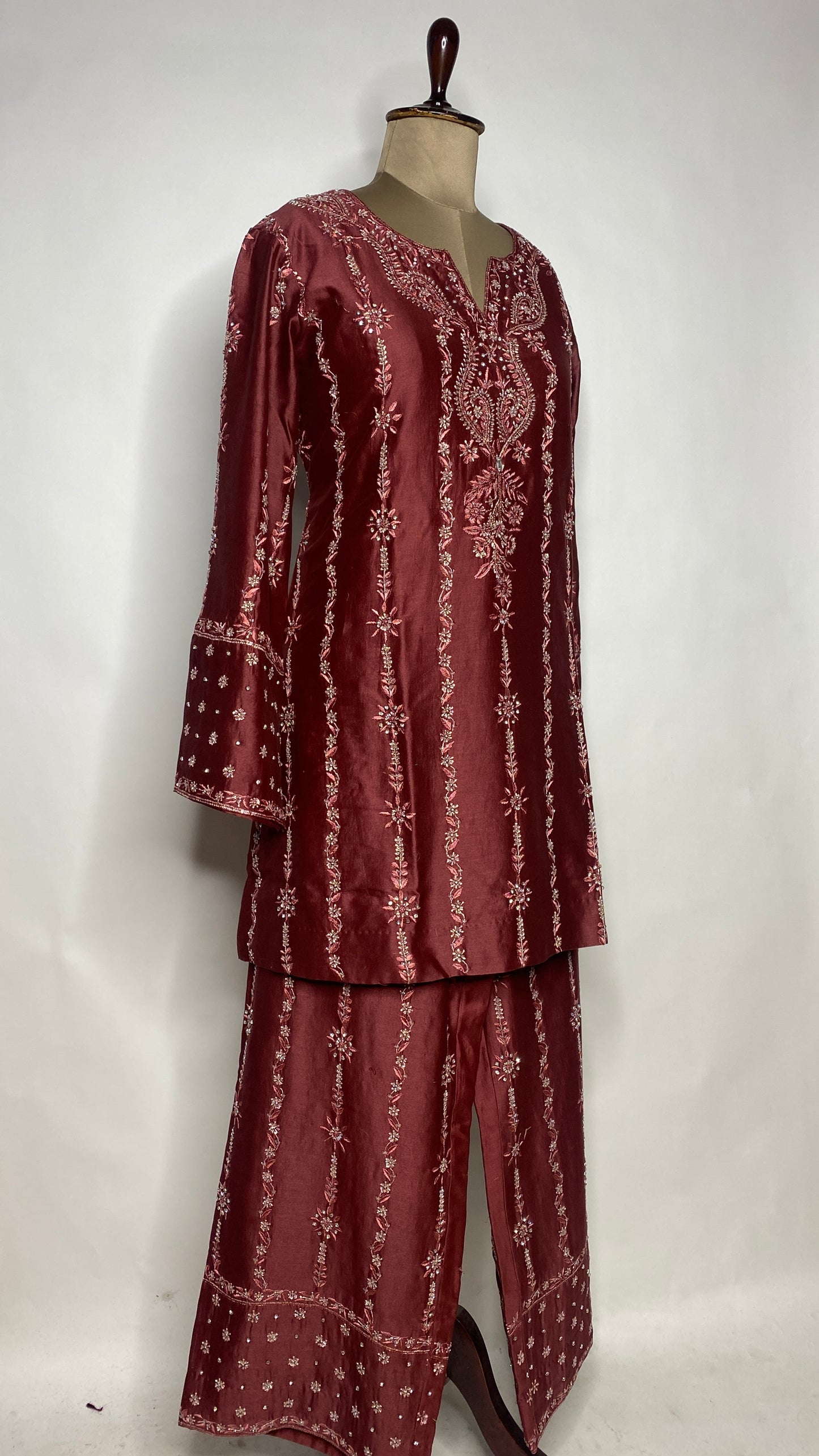 Maroon Chanderi Chikankari & Stonework Kurta Set