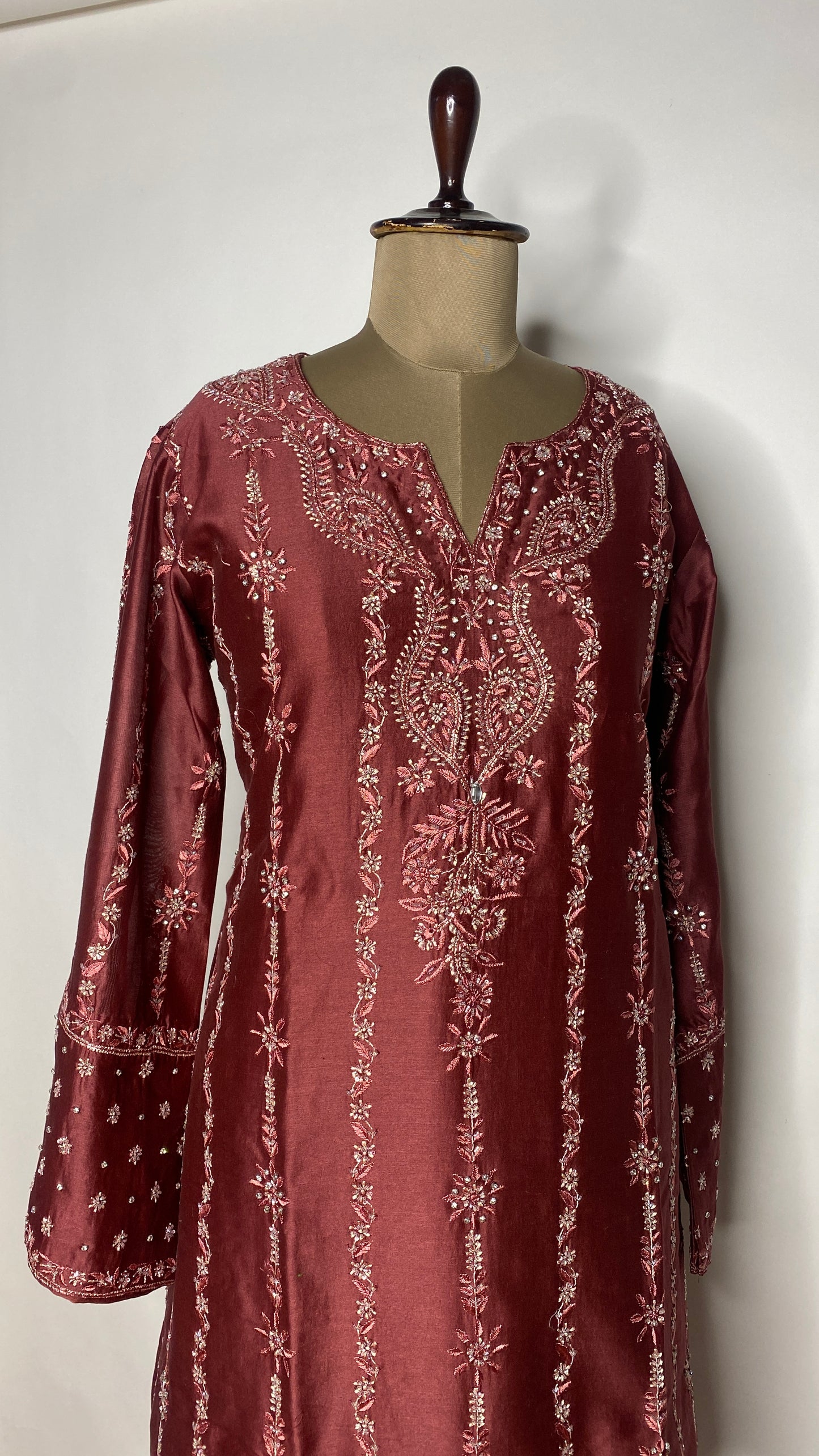 Maroon Chanderi Chikankari & Stonework Kurta Set