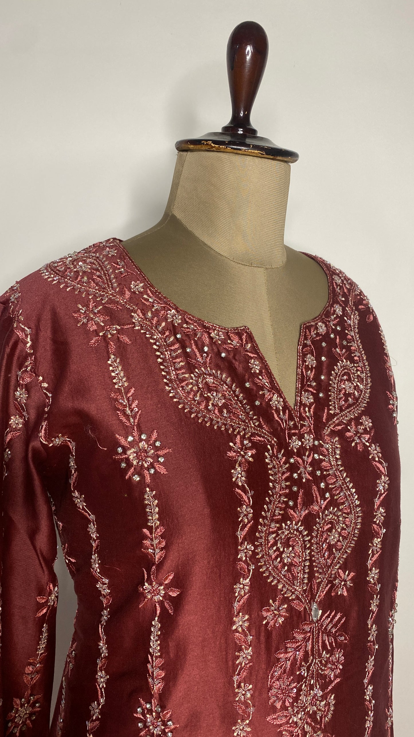 Maroon Chanderi Chikankari & Stonework Kurta Set