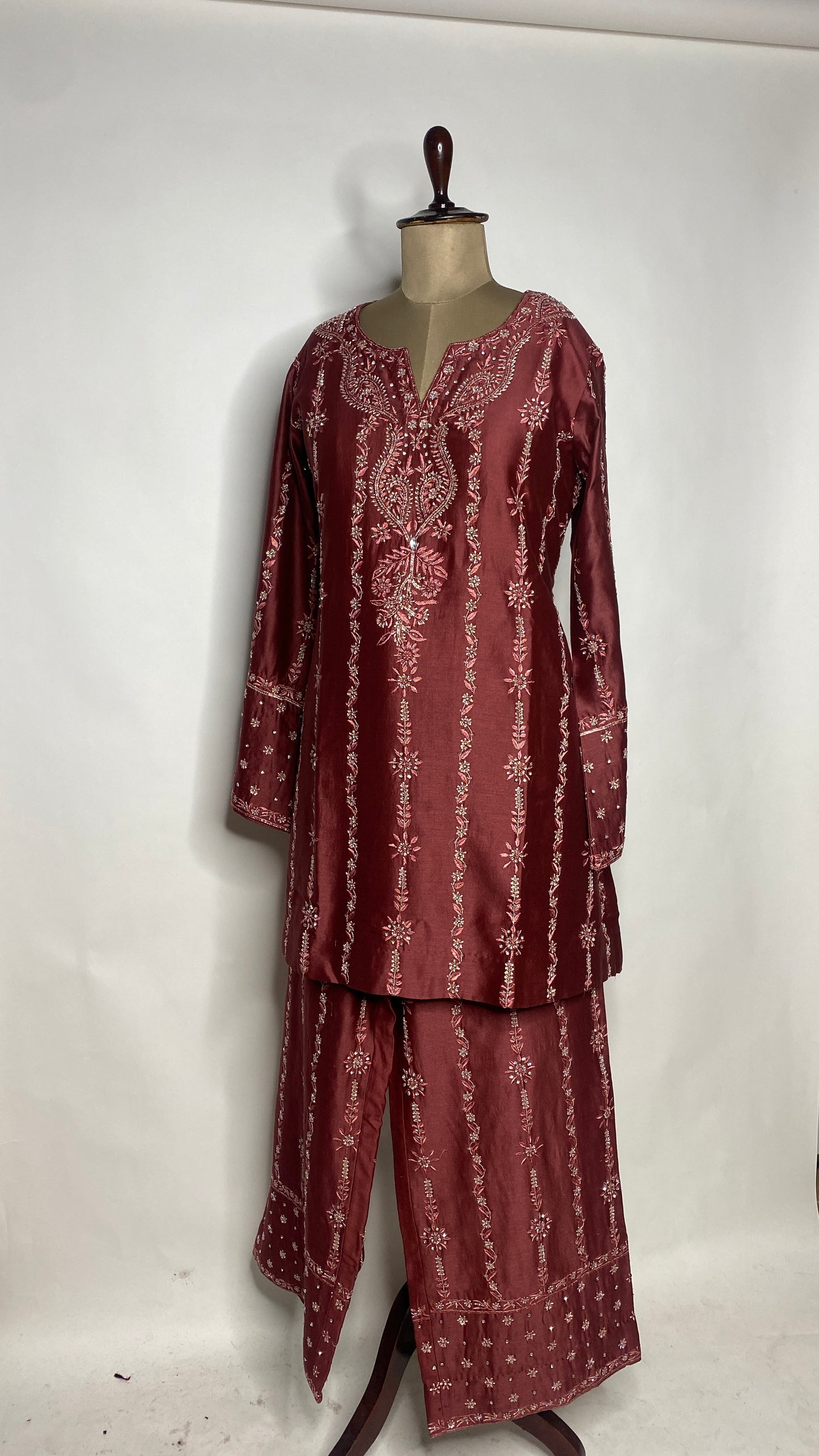 Maroon Chanderi Chikankari & Stonework Kurta Set