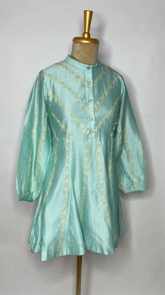 Aqua Blue A-Line Chikankari Short Dress