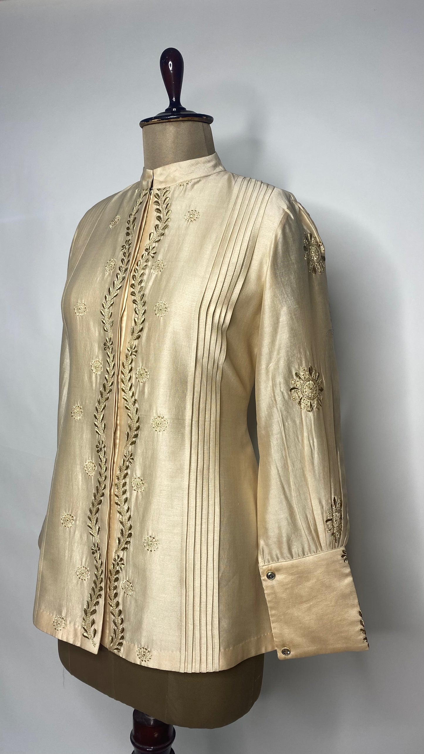 Beige Chanderi Pleated Chanderi Chikankari Shirt