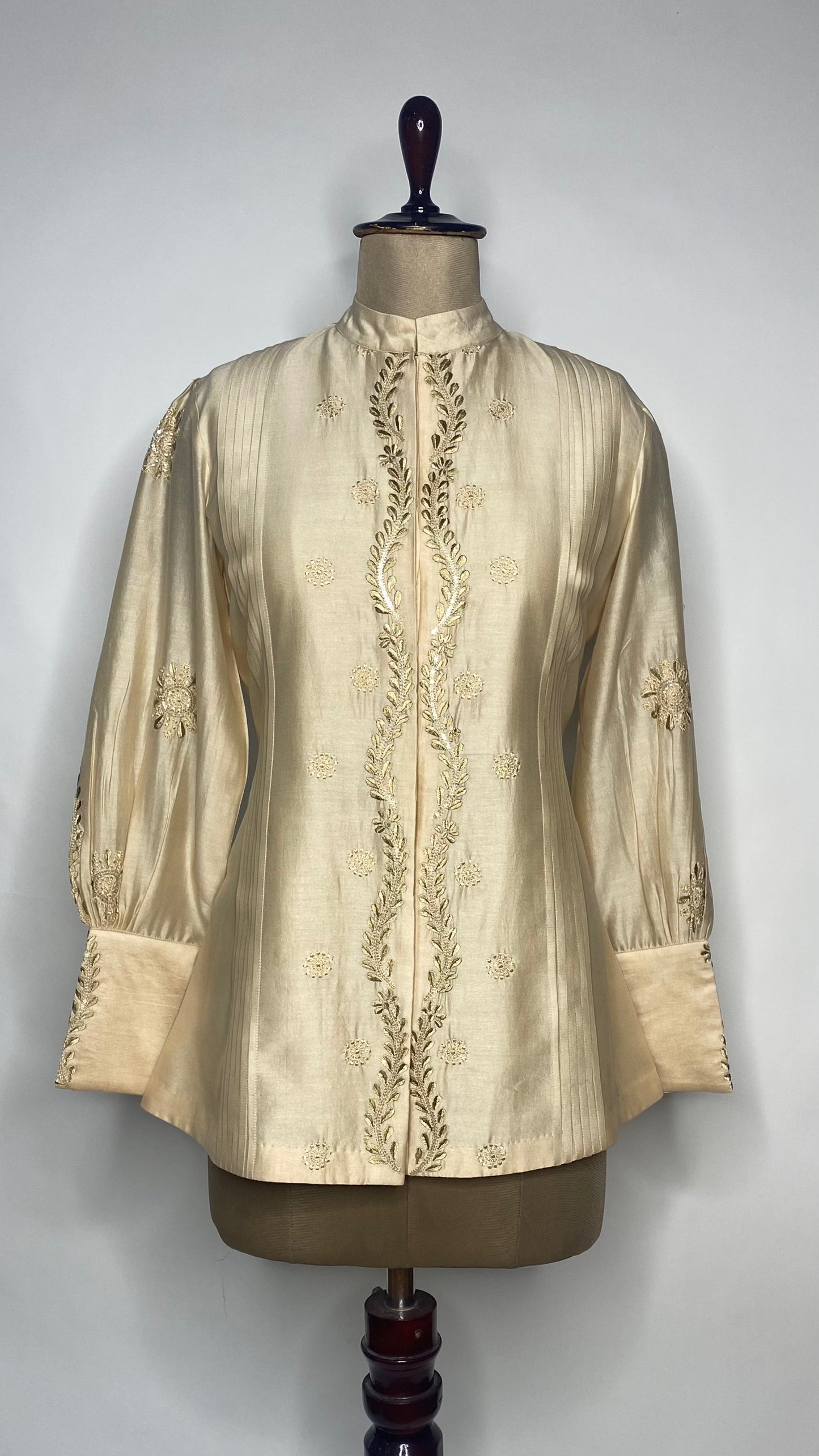 Beige Chanderi Pleated Chanderi Chikankari Shirt