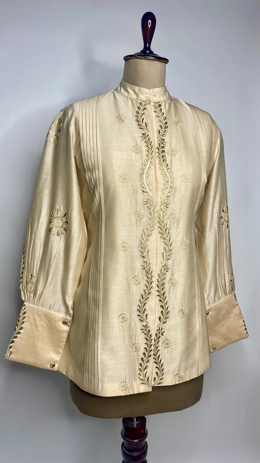 Beige Chanderi Pleated Chanderi Chikankari Shirt