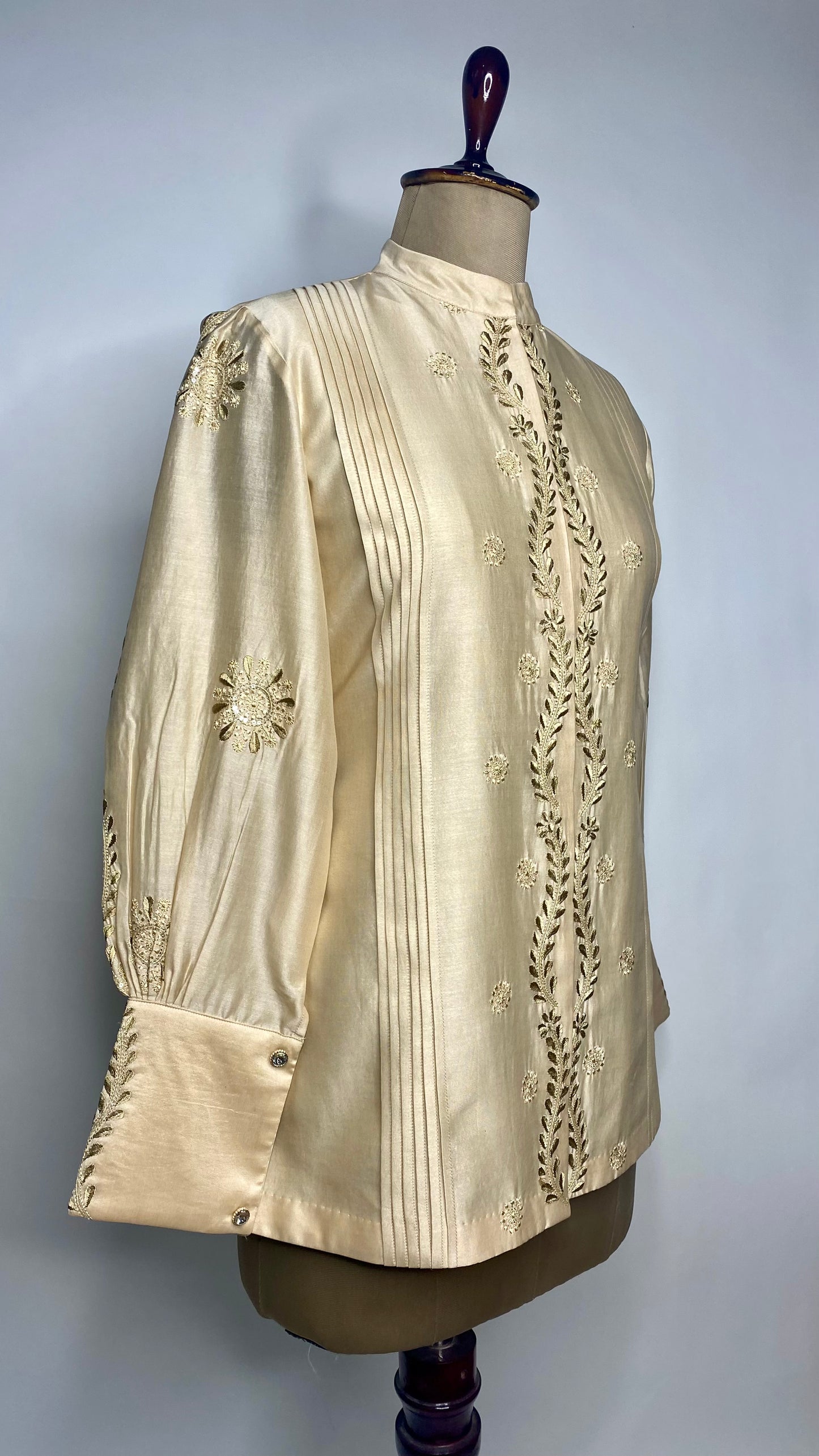 Beige Chanderi Pleated Chanderi Chikankari Shirt