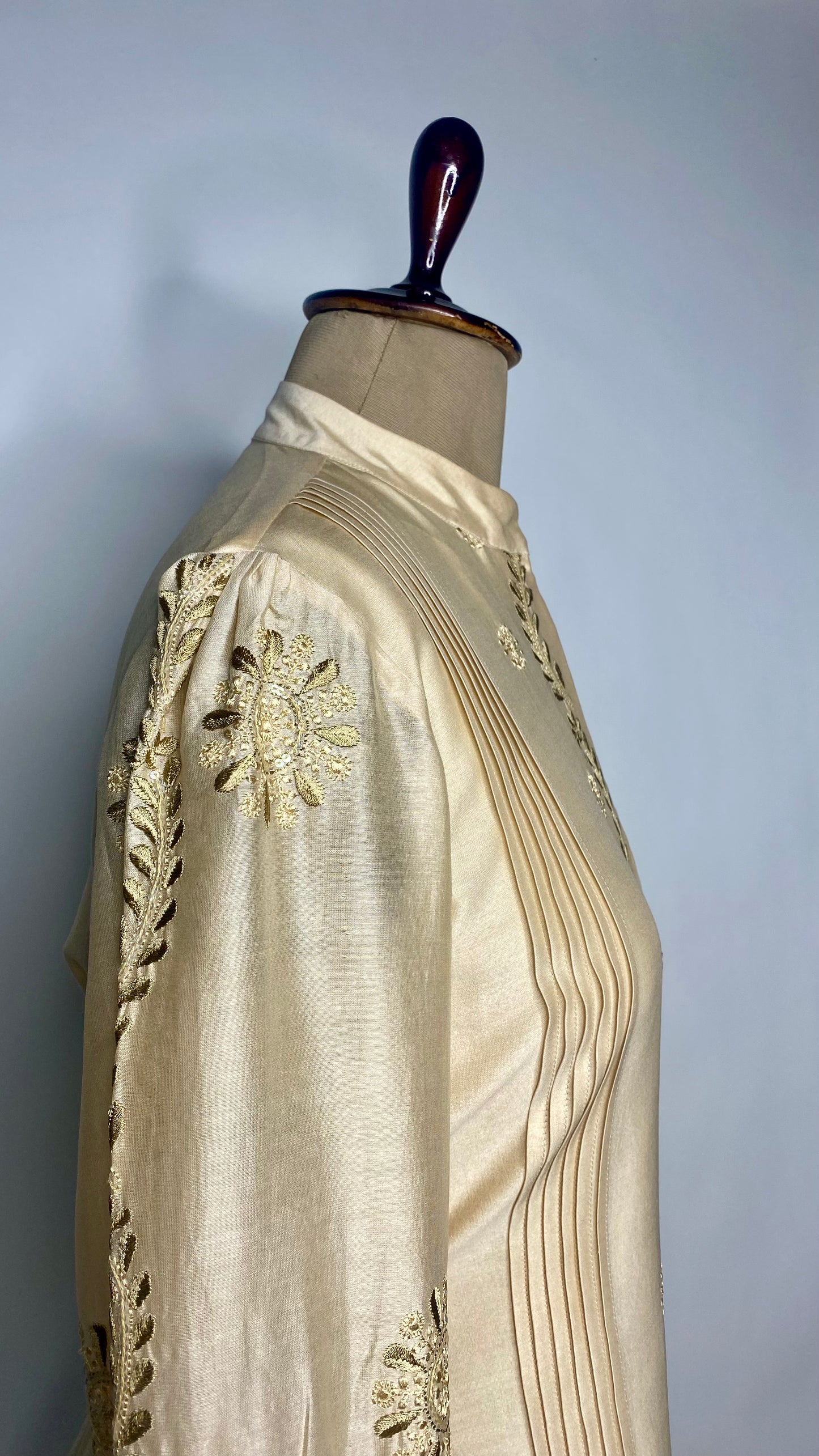 Beige Chanderi Pleated Chanderi Chikankari Shirt