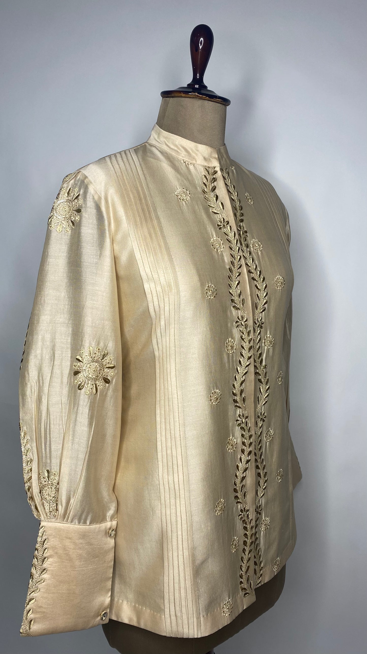 Beige Chanderi Pleated Chanderi Chikankari Shirt