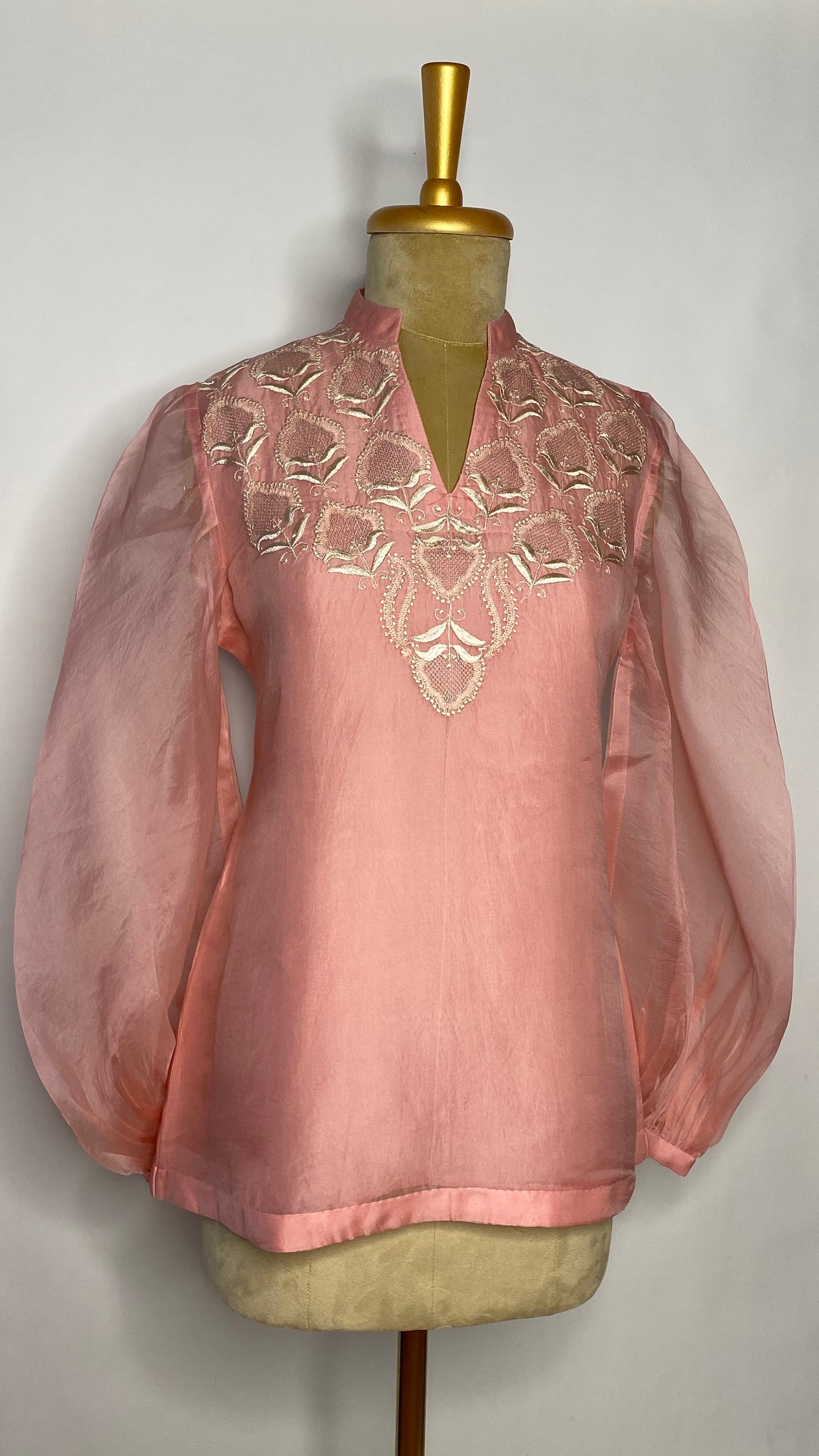 Coral Pink Organza Jaali Chikankari Top