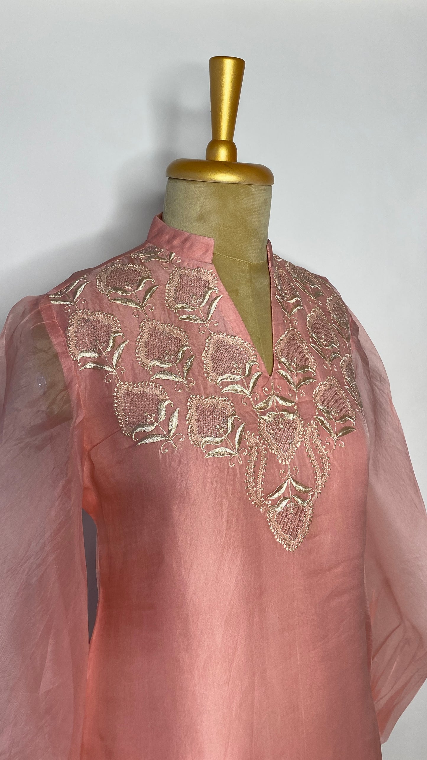 Coral Pink Organza Jaali Chikankari Top