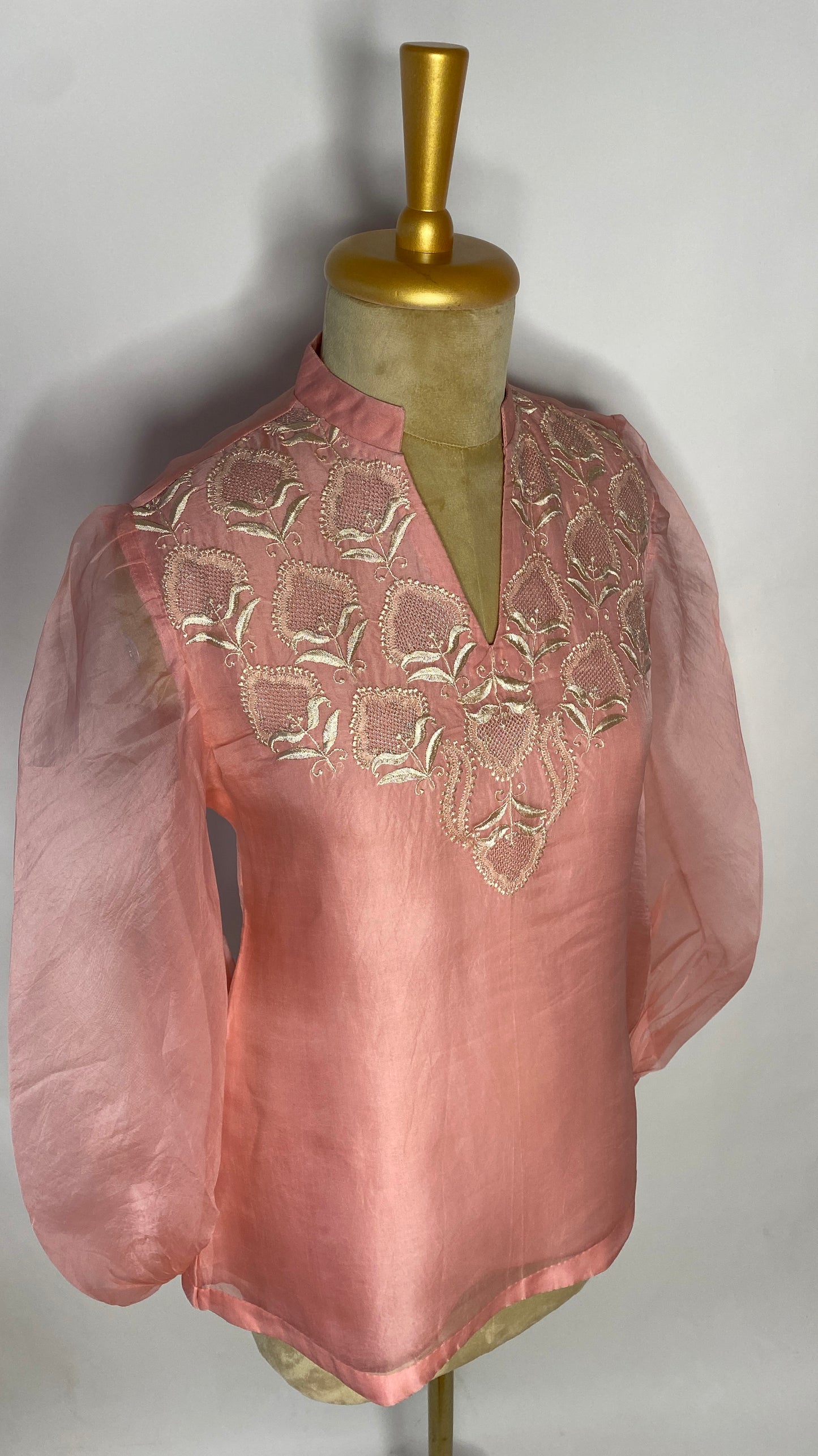 Coral Pink Organza Jaali Chikankari Top