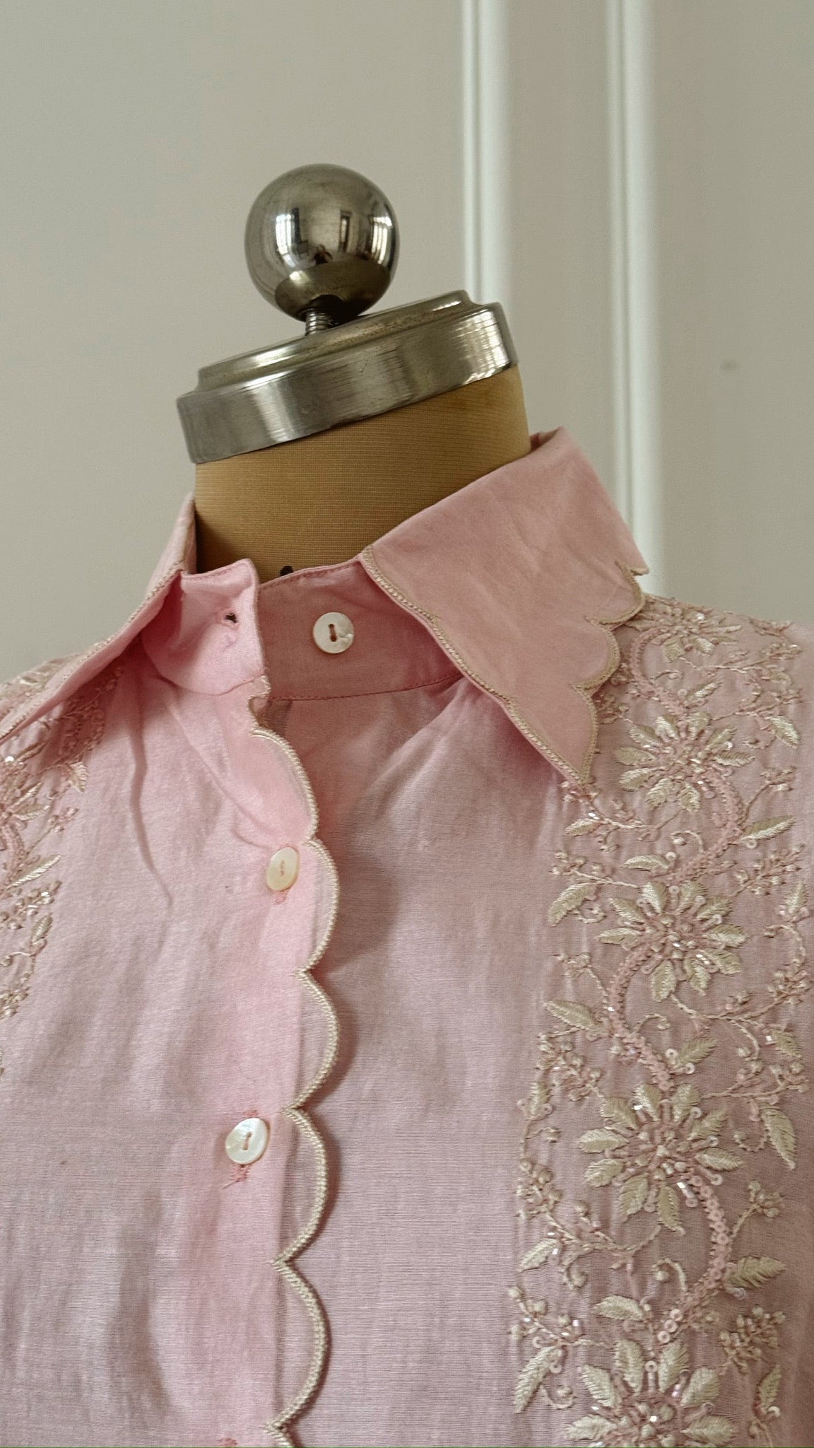 Baby Pink Scallop Collar Chikankari Shirt