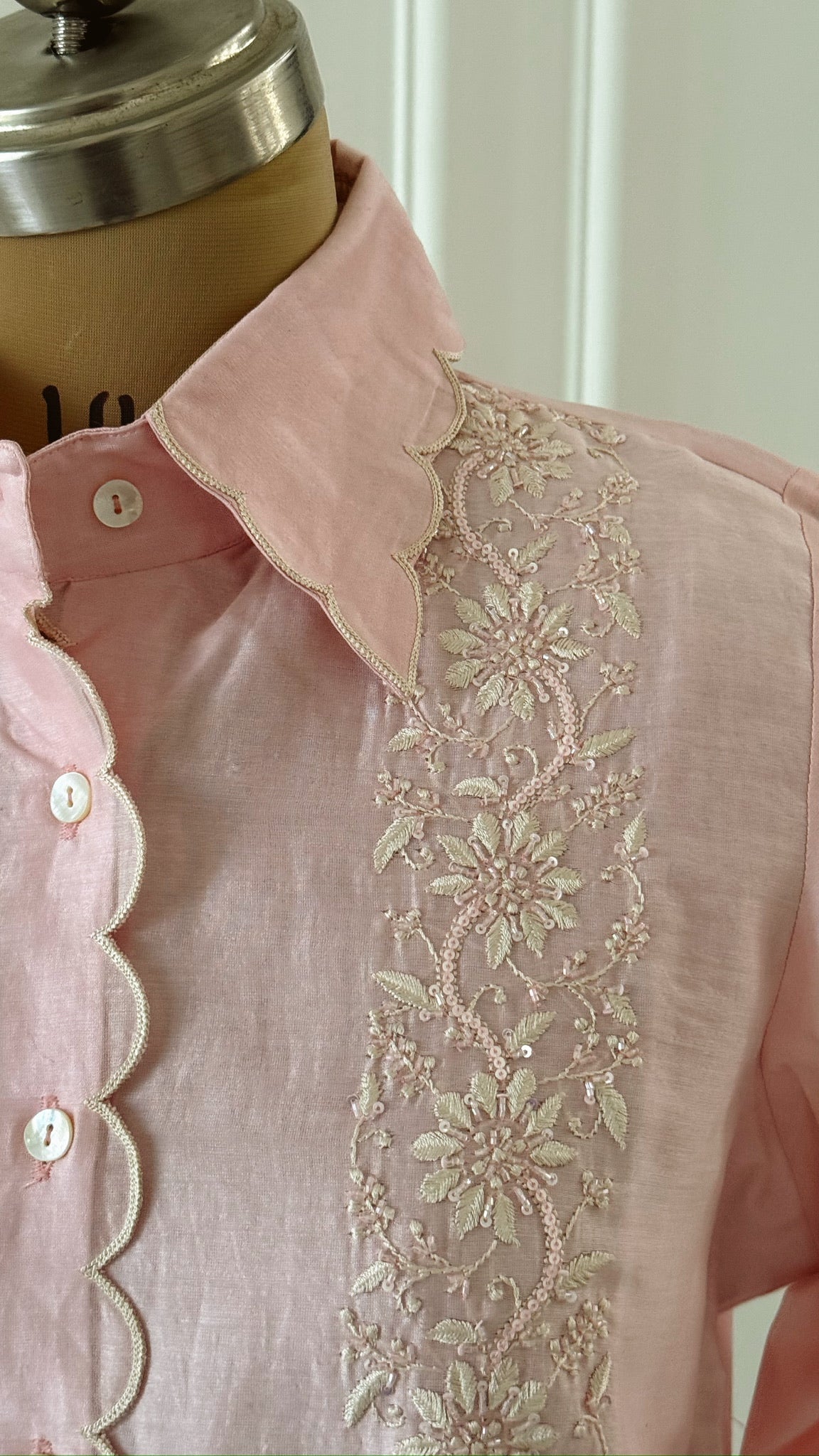 Baby Pink Scallop Collar Chikankari Shirt