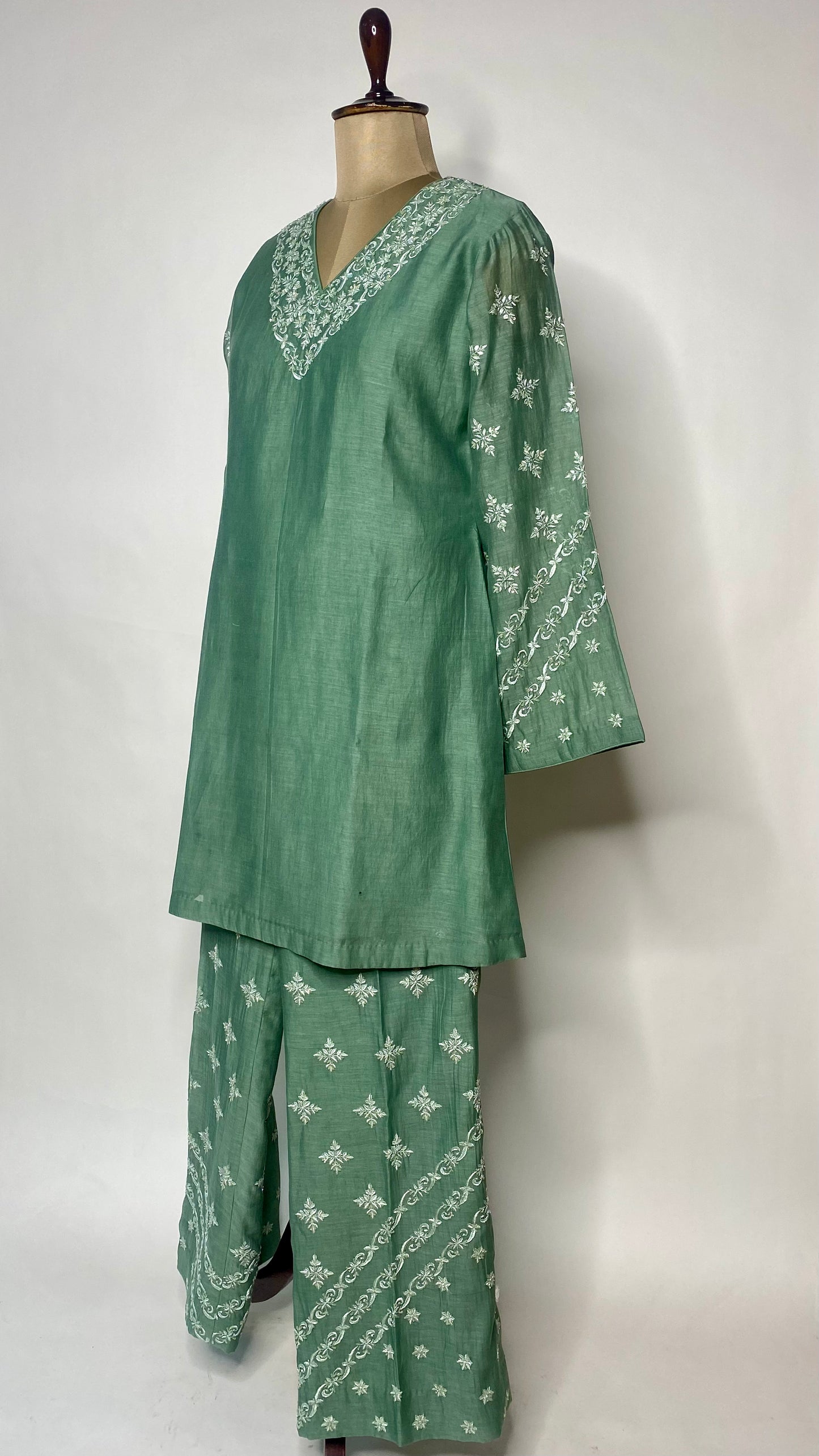 Green Mul Chanderi Chikankari Co-Ord Set