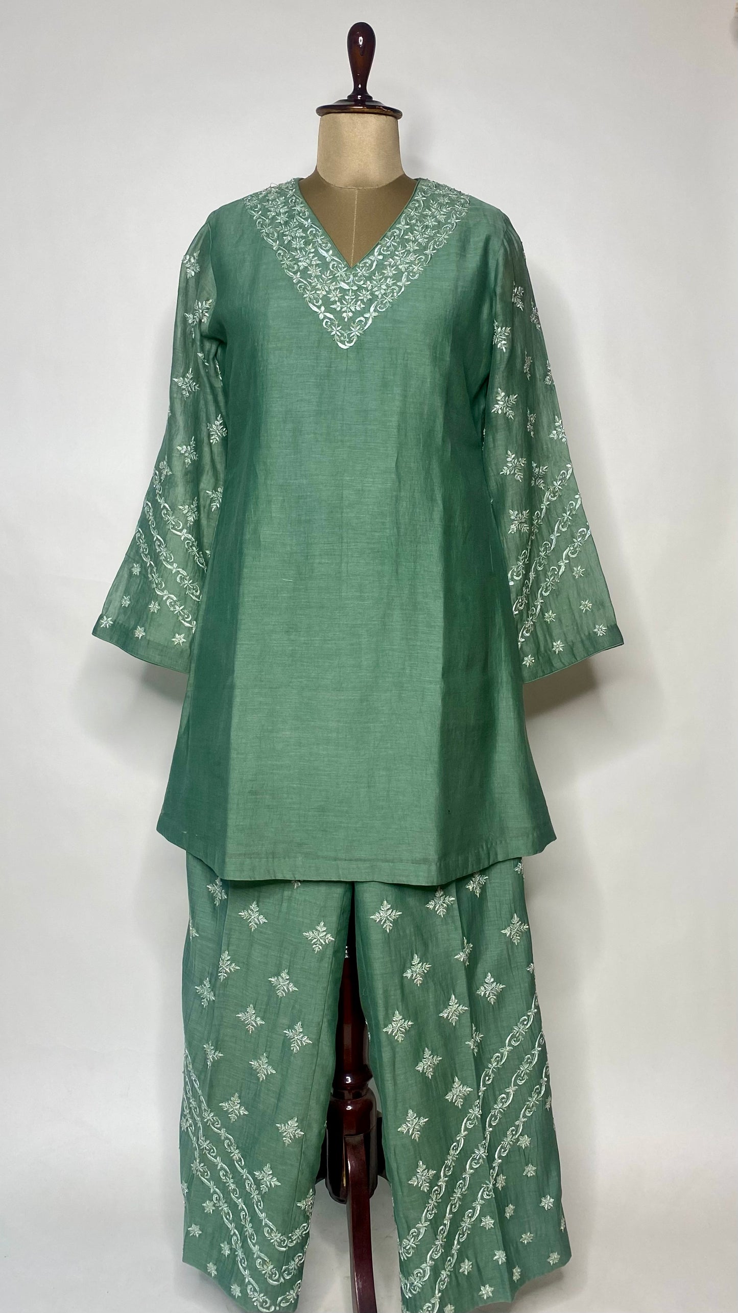 Green Mul Chanderi Chikankari Co-Ord Set