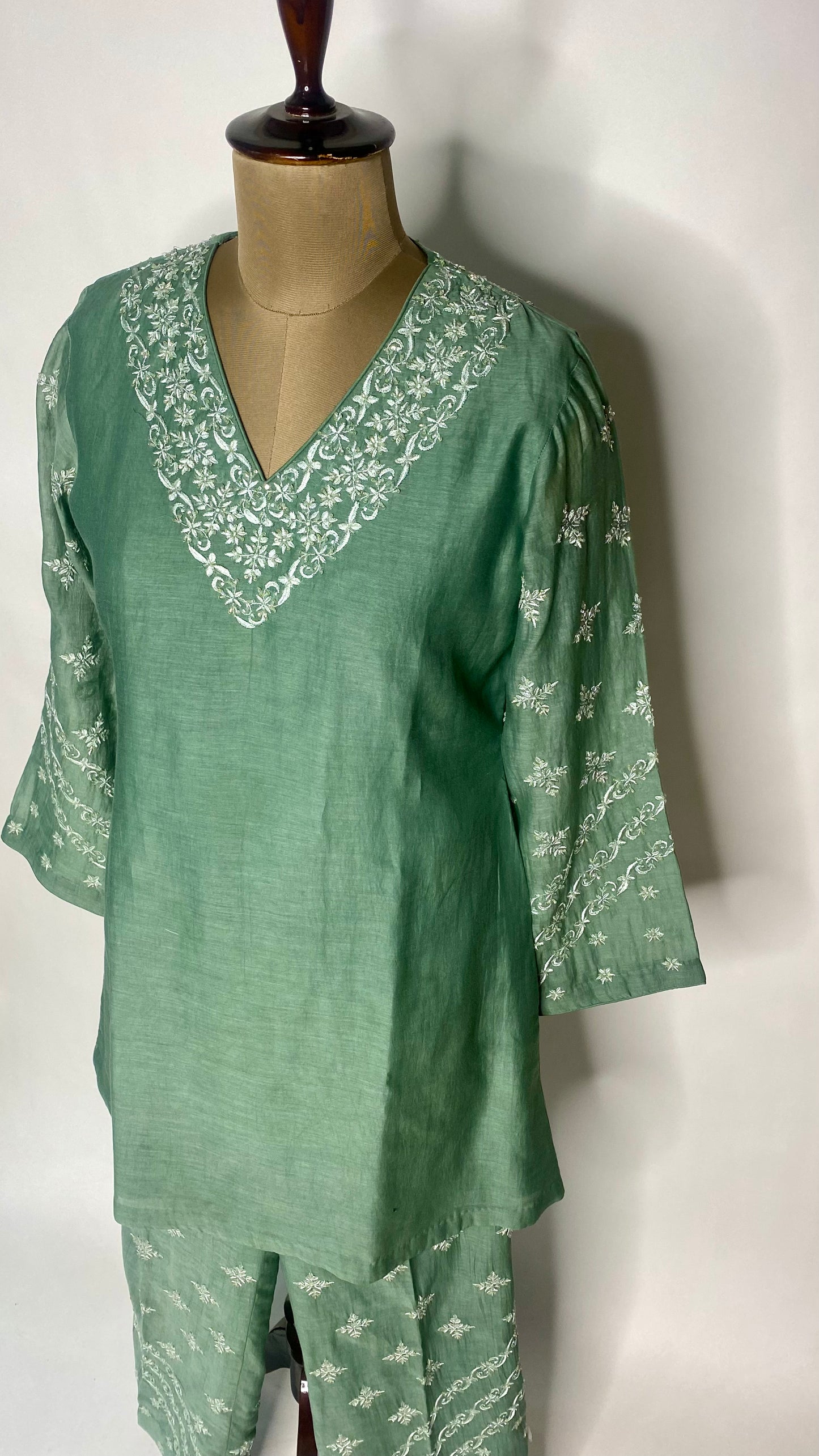 Green Mul Chanderi Chikankari Co-Ord Set