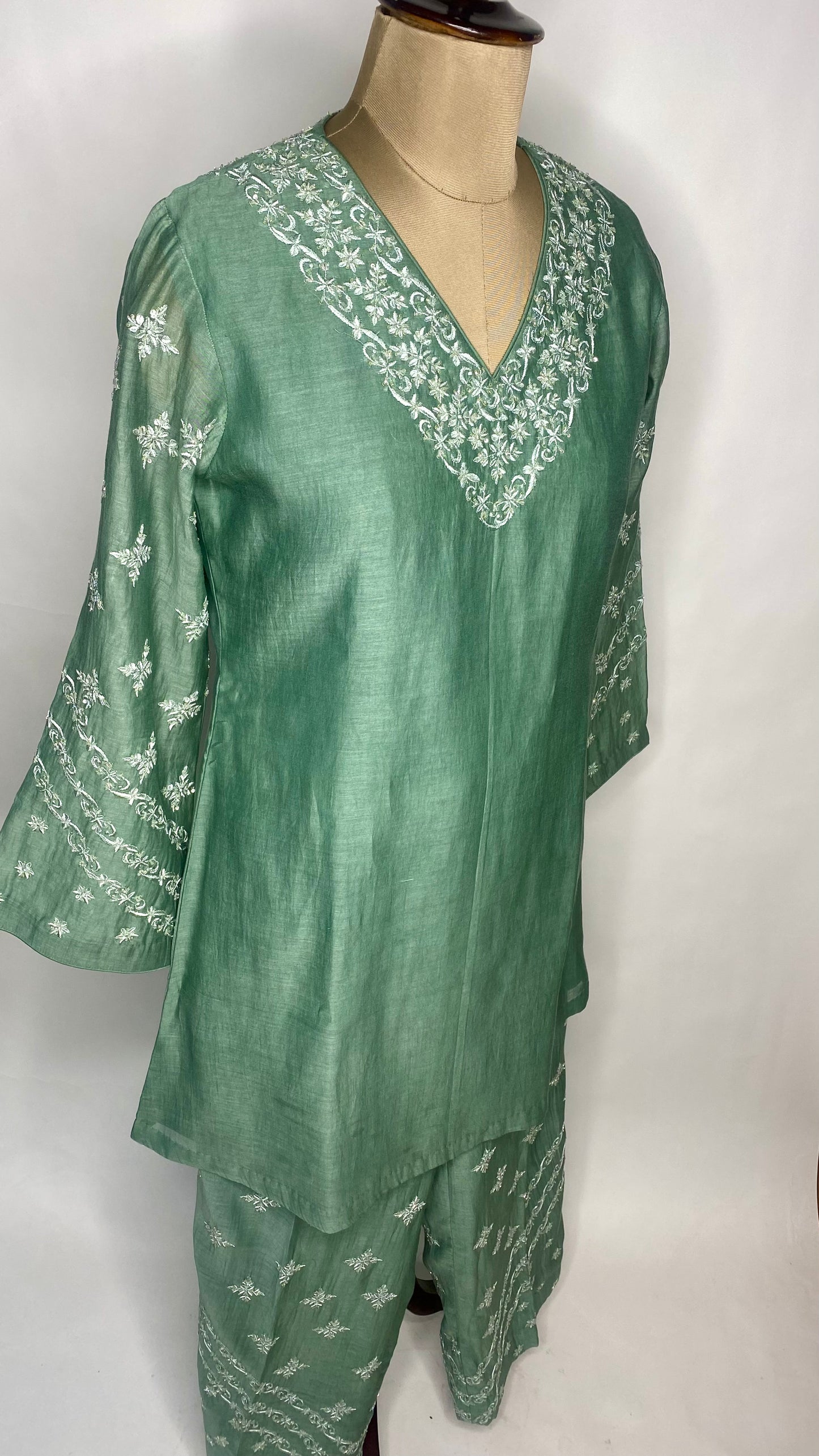 Green Mul Chanderi Chikankari Co-Ord Set