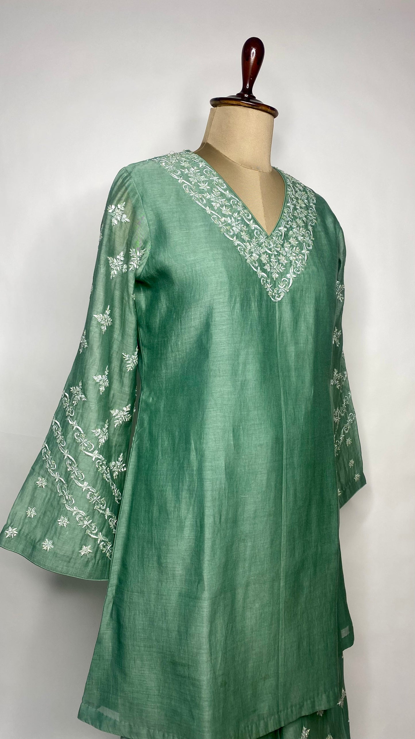 Green Mul Chanderi Chikankari Co-Ord Set