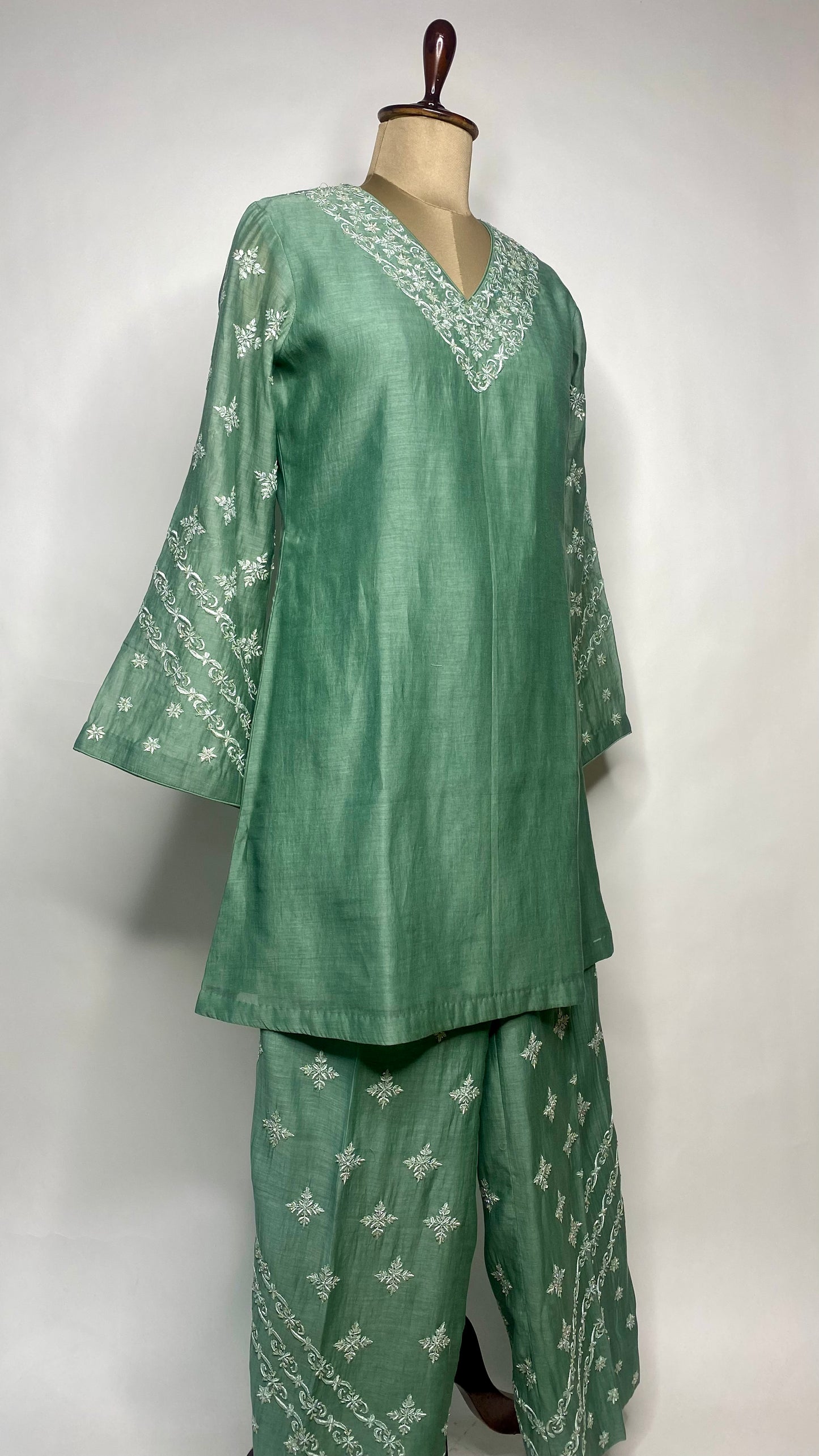 Green Mul Chanderi Chikankari Co-Ord Set