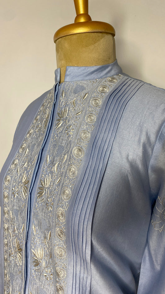 Light Blue Pleated Jaali Chikankari Shirt