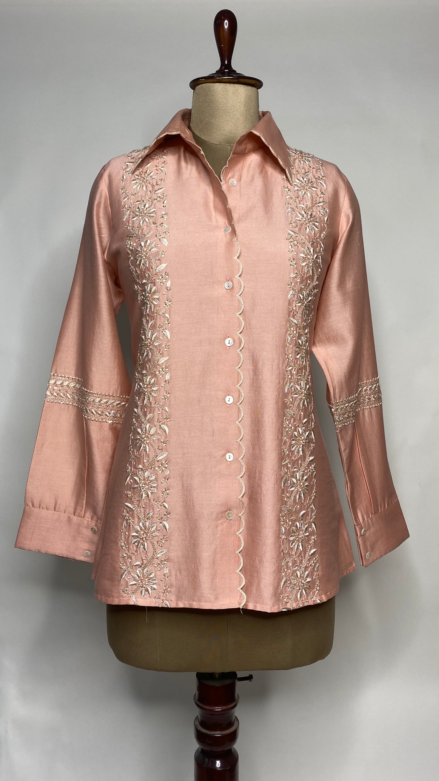 Peach Chanderi Silk Scallop Shirt