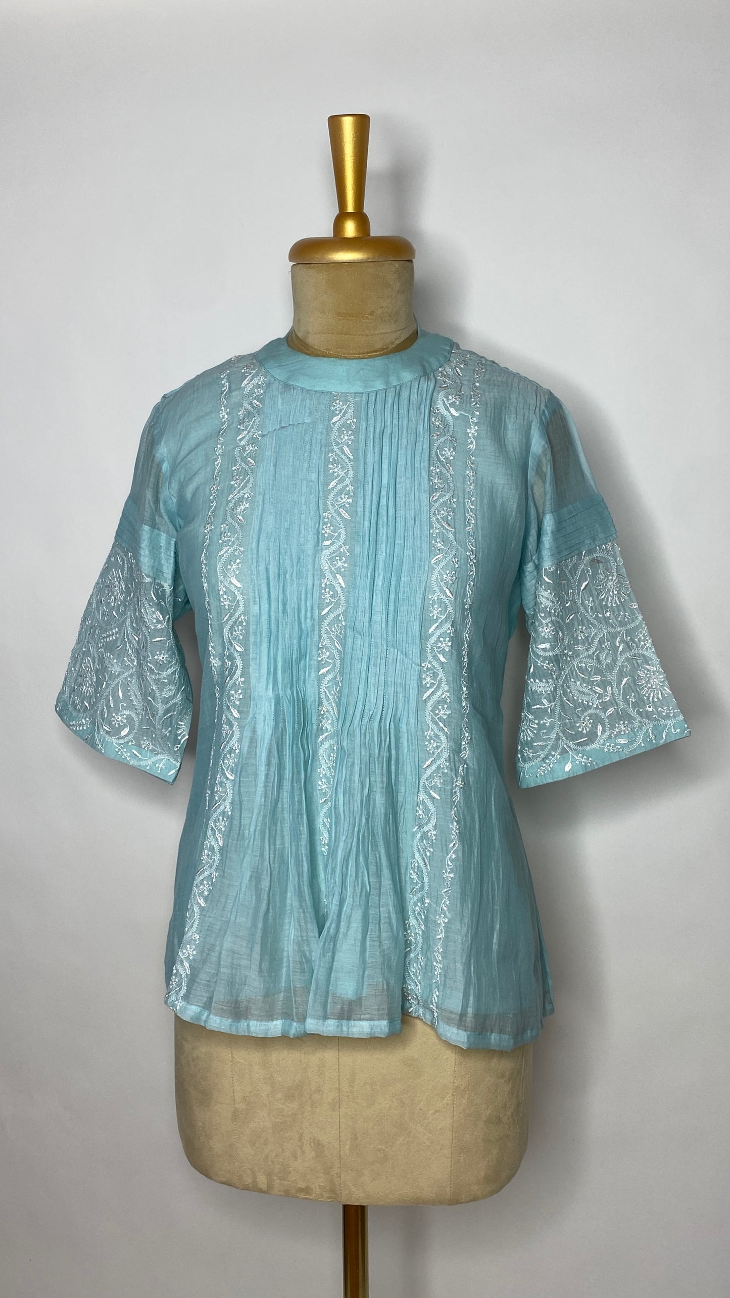Sky Blue Pleated Chikankari Half Sleeve Top