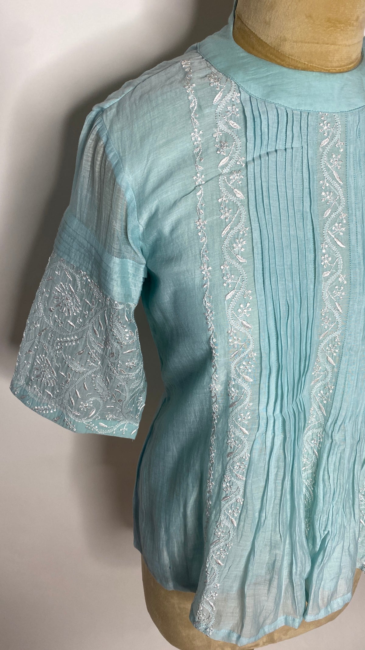 Sky Blue Pleated Chikankari Half Sleeve Top