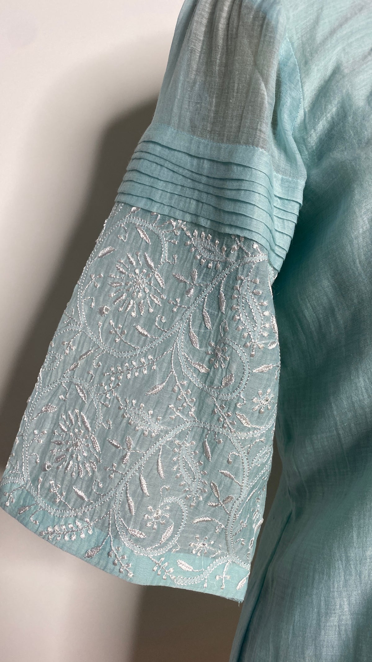 Sky Blue Pleated Chikankari Half Sleeve Top