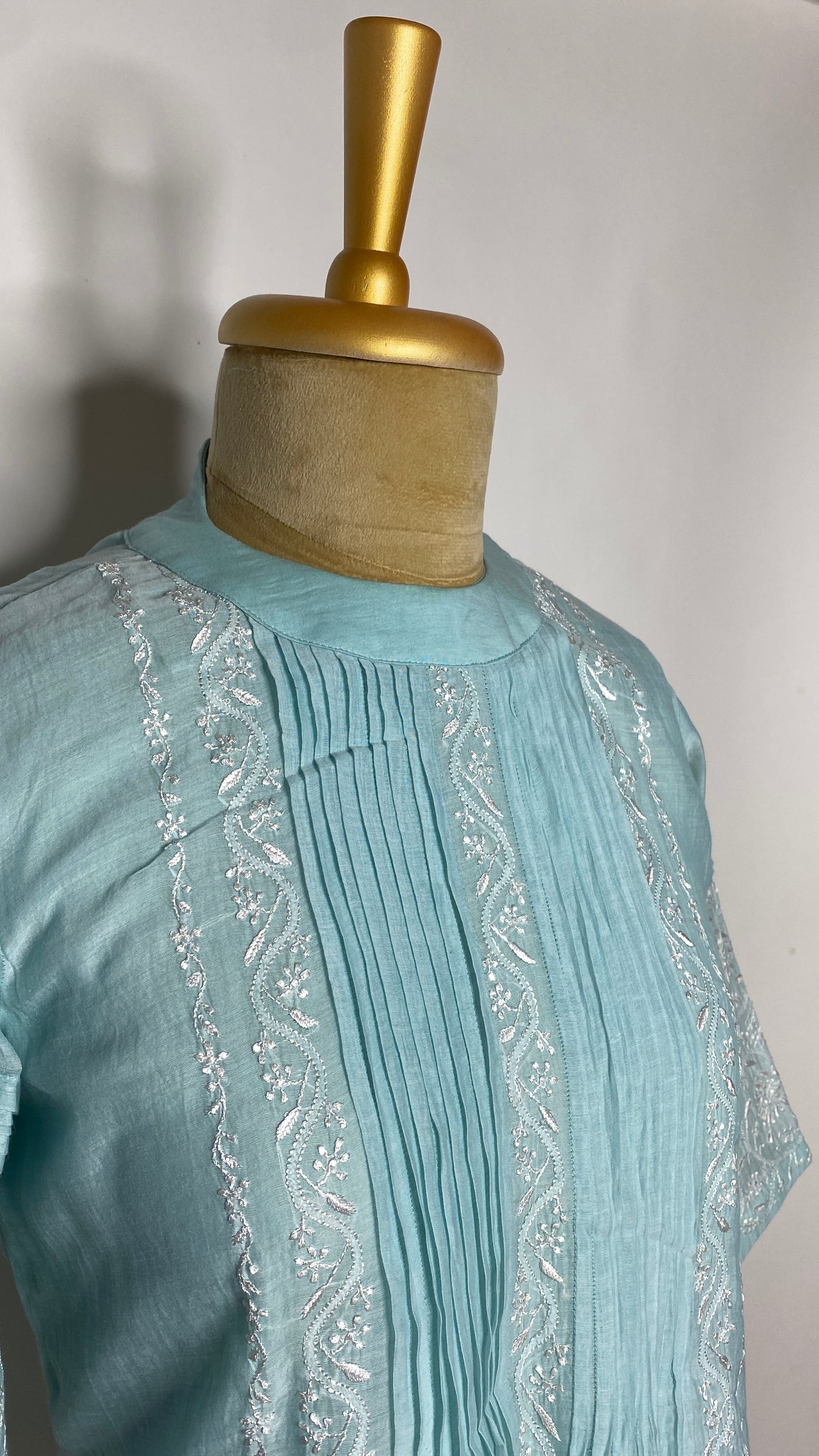 Sky Blue Pleated Chikankari Half Sleeve Top