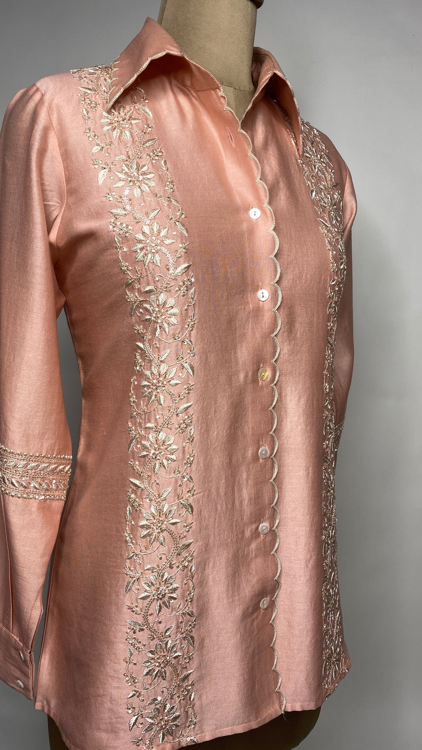 Peach Chanderi Silk Scallop Shirt