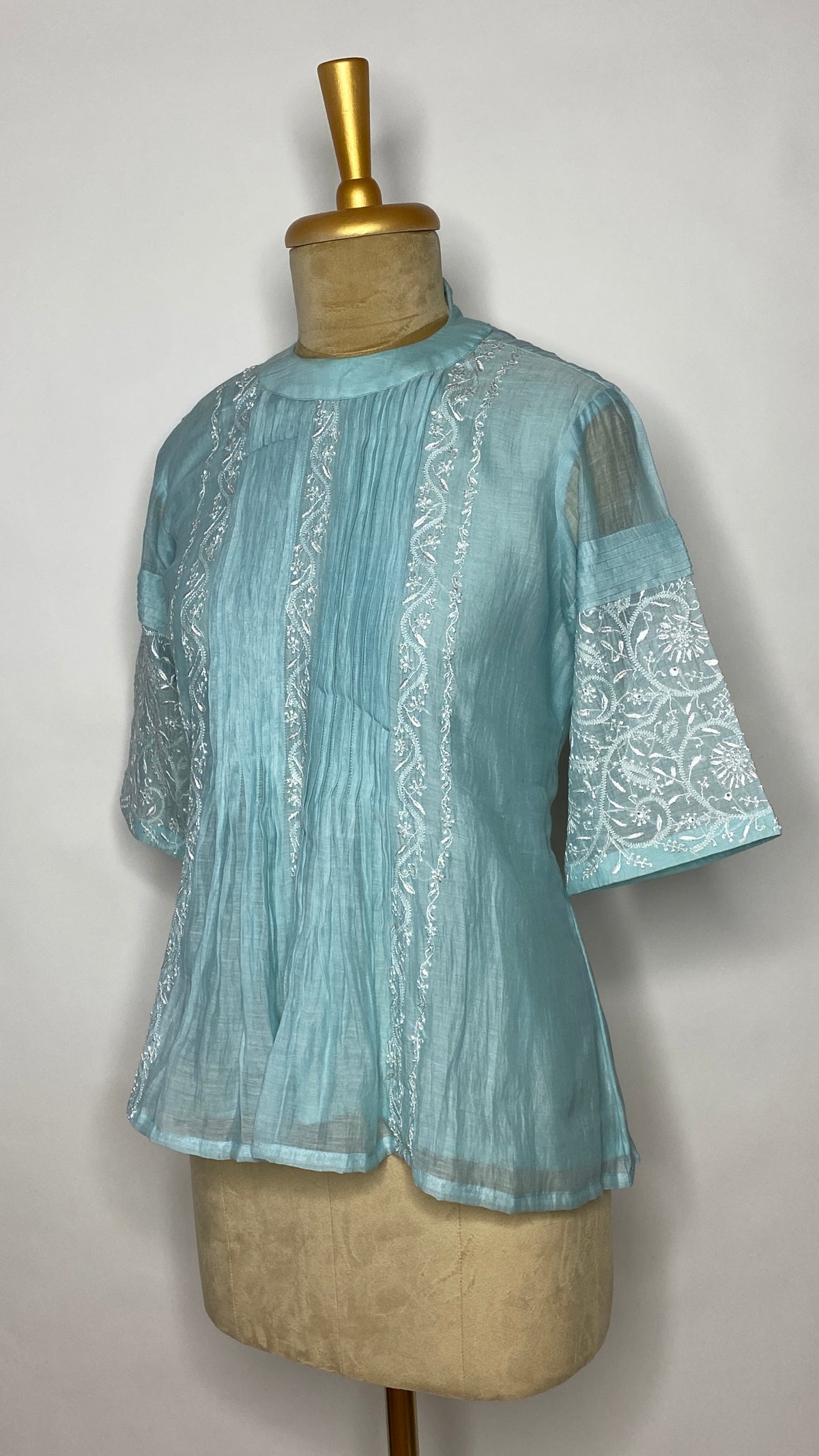 Sky Blue Pleated Chikankari Half Sleeve Top