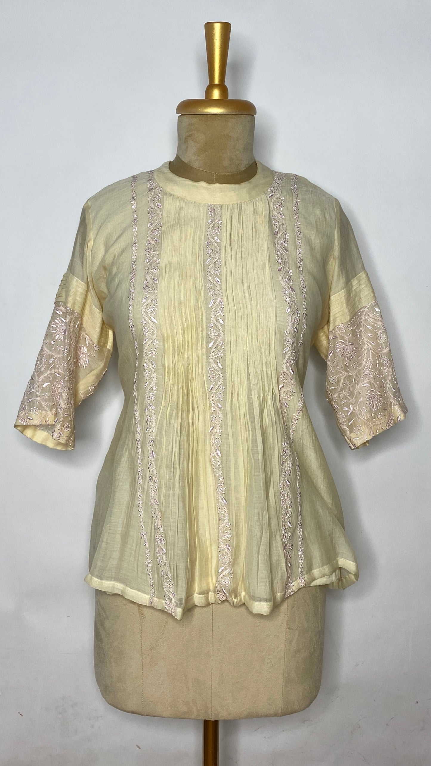 Butter Yellow Pleated Chikankari Half Sleeve Top