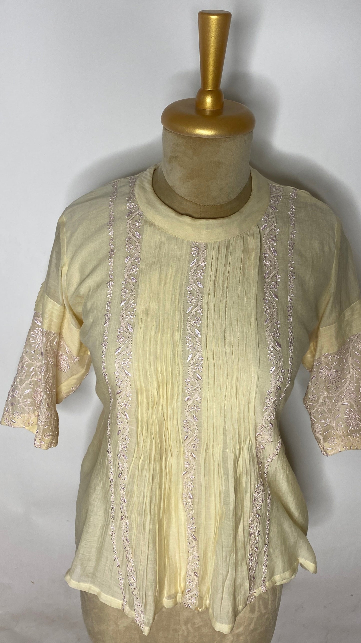 Butter Yellow Pleated Chikankari Half Sleeve Top