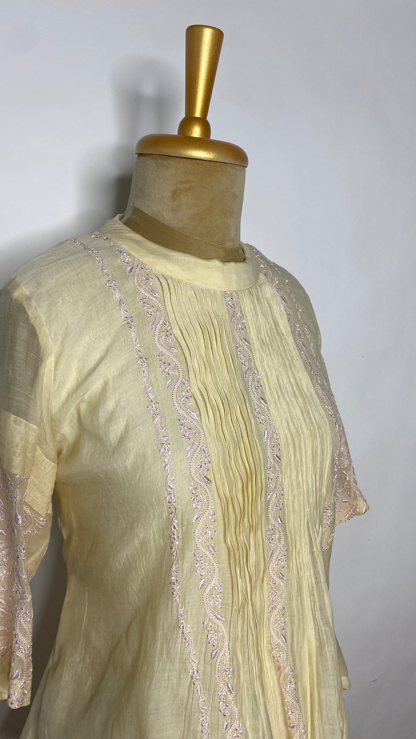 Butter Yellow Pleated Chikankari Half Sleeve Top