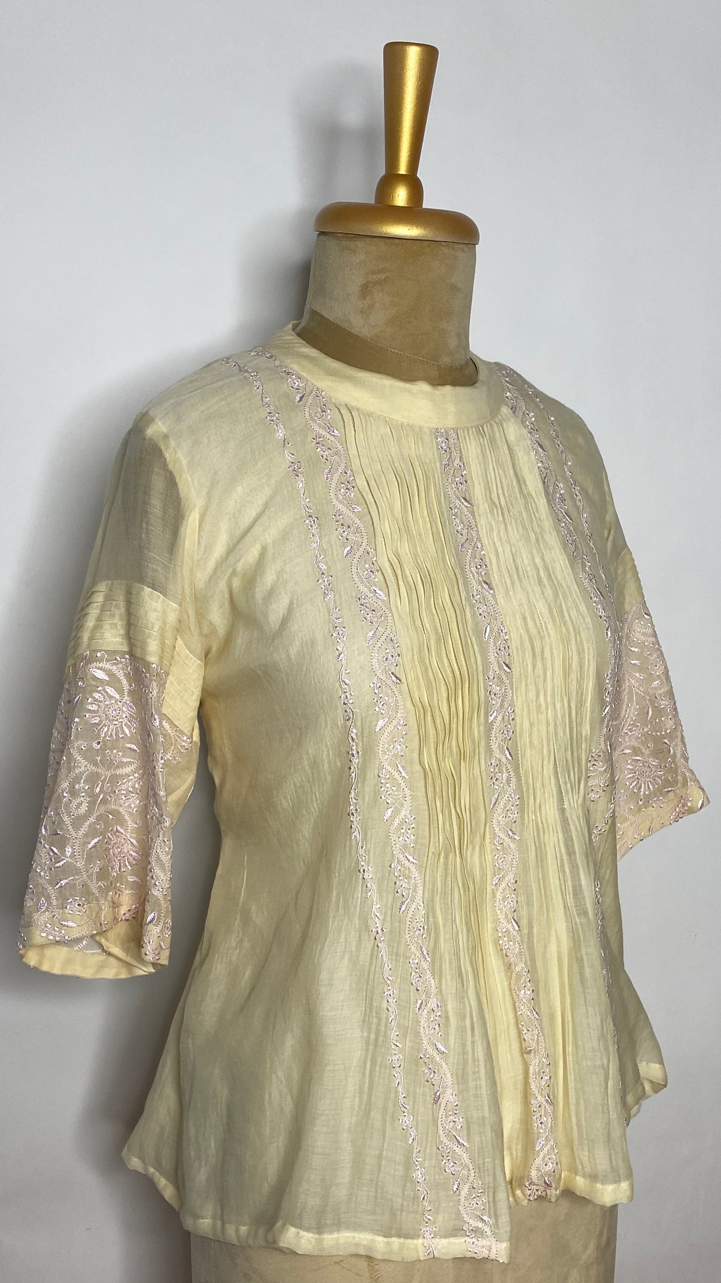 Butter Yellow Pleated Chikankari Half Sleeve Top