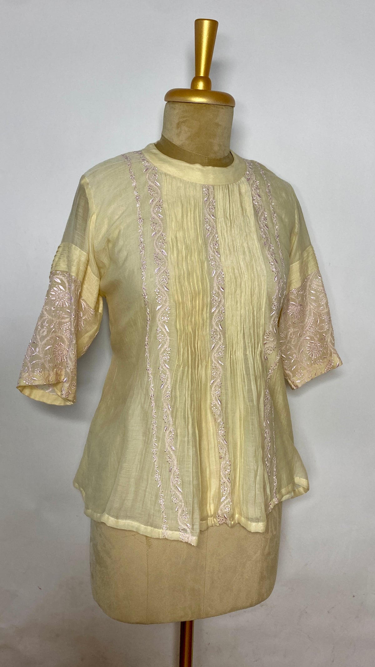 Butter Yellow Pleated Chikankari Half Sleeve Top