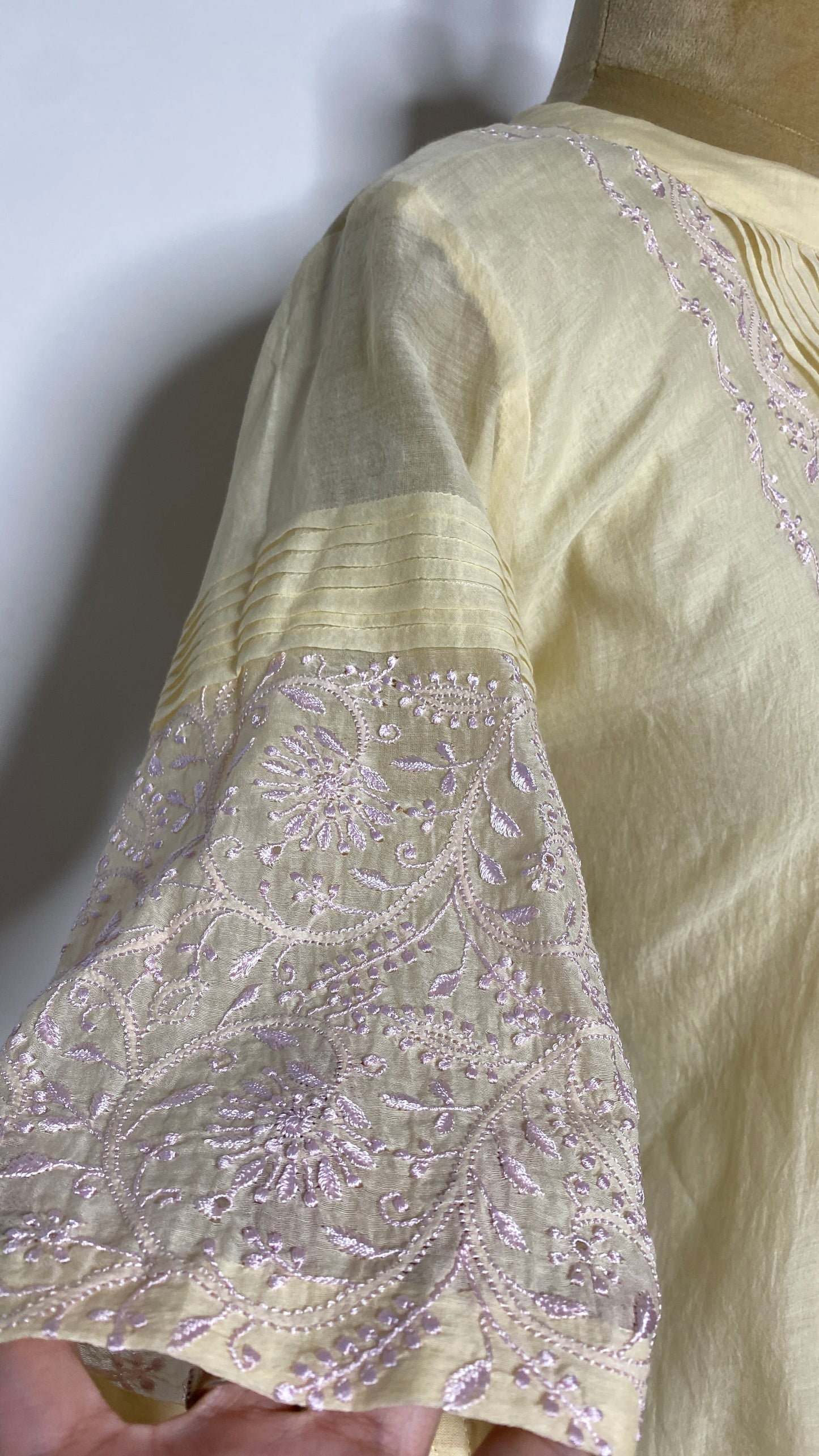 Butter Yellow Pleated Chikankari Half Sleeve Top