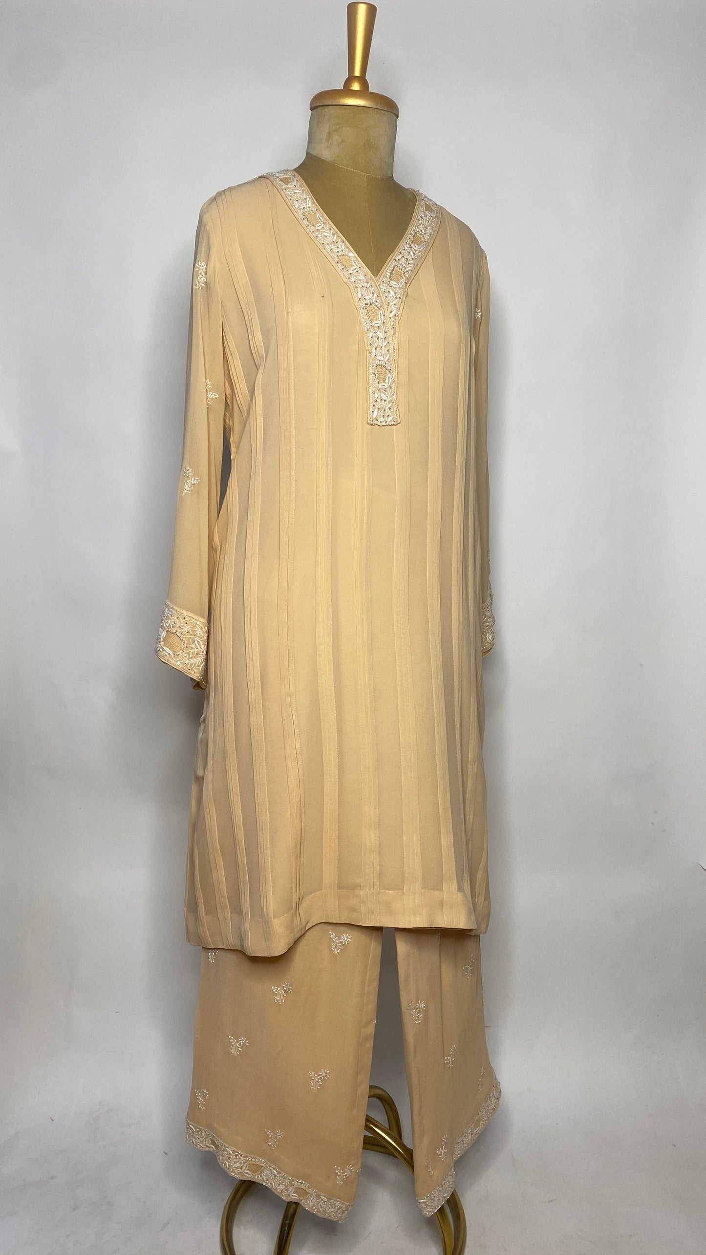 Light Gold Chikankari Pleated Co-ord Set