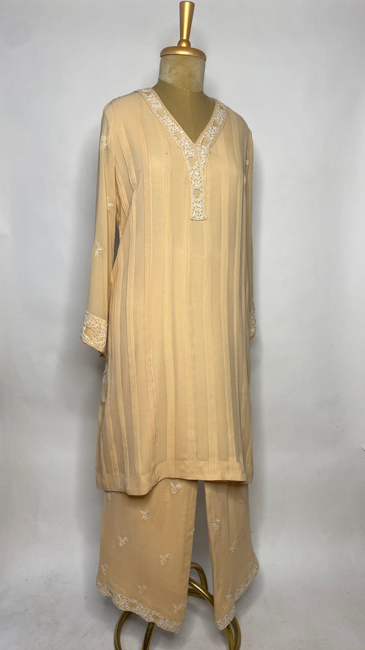 Light Gold Chikankari Pleated Co-ord Set