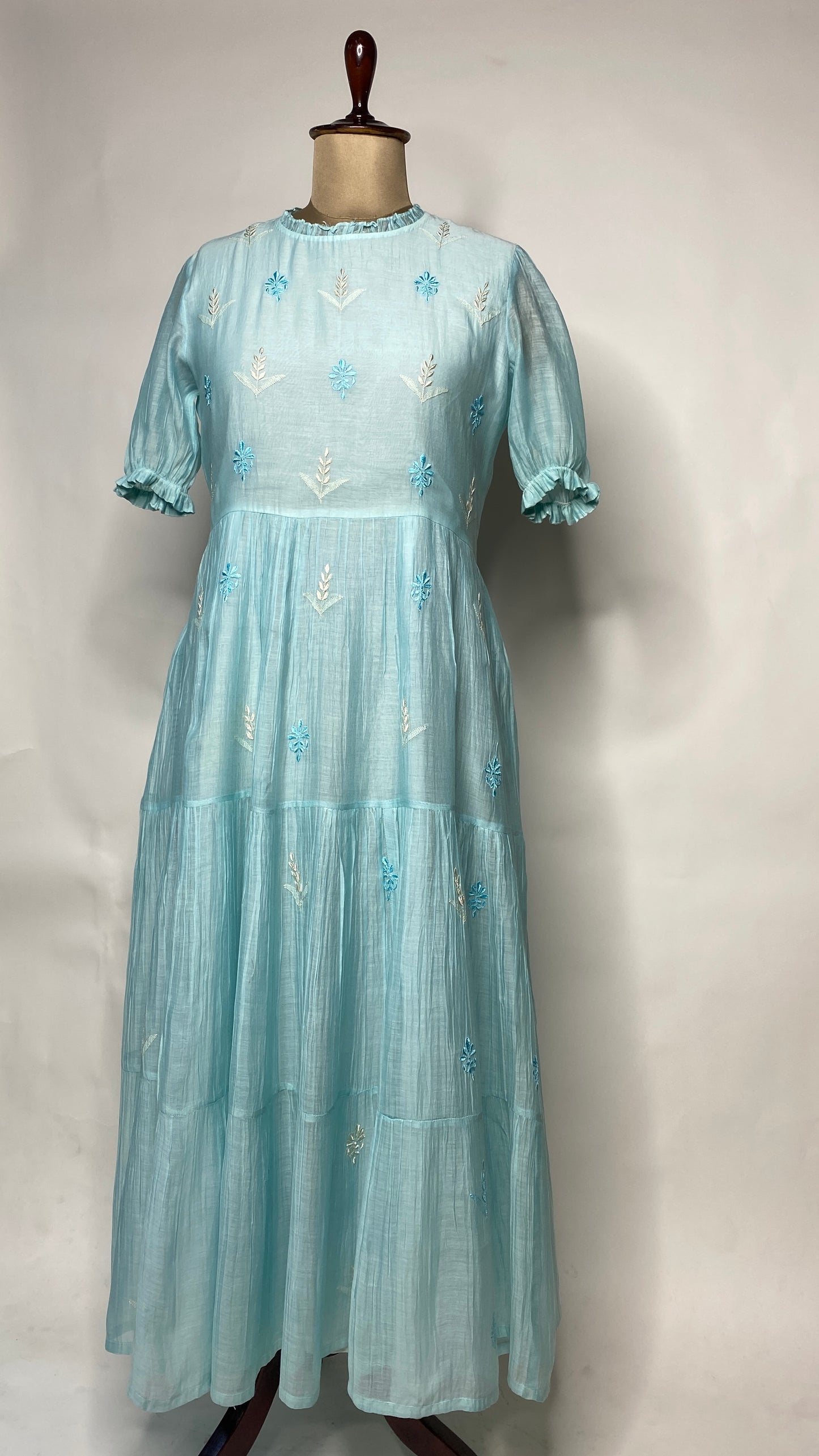 Sky Blue Long Mul ChanderiTier Dress