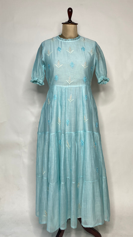 Sky Blue Long Mul ChanderiTier Dress