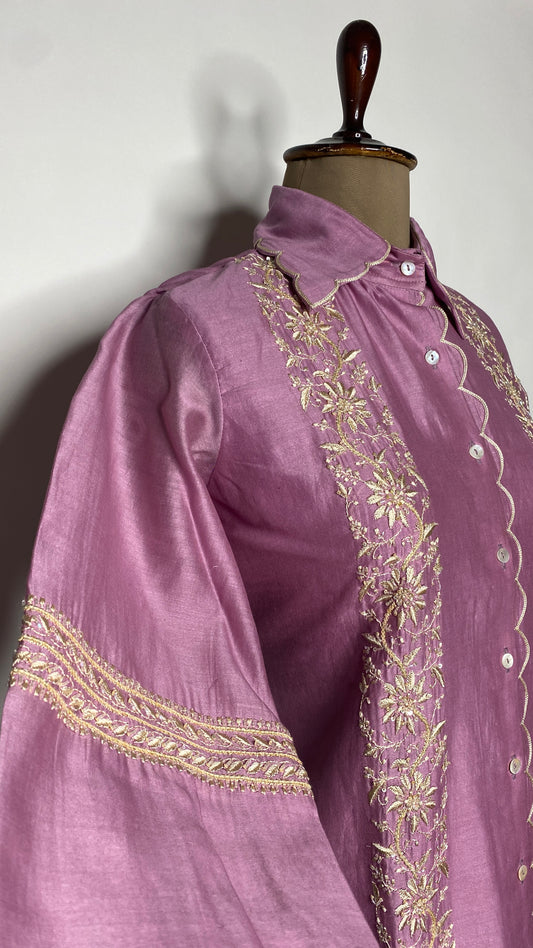 Mauve Scallop Collar Chikankari Shirt