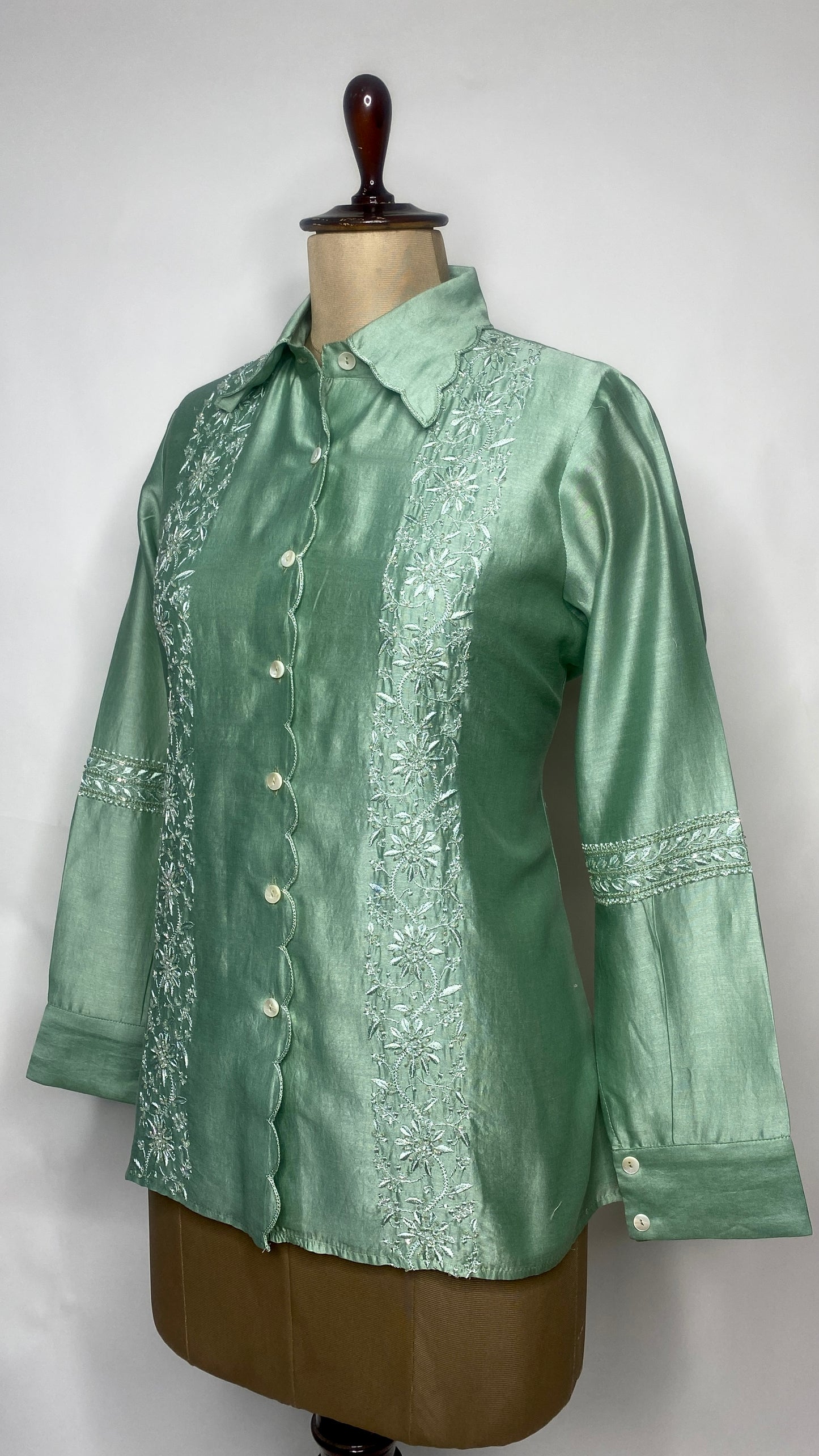 Green Chanderi Silk Scallop Shirt